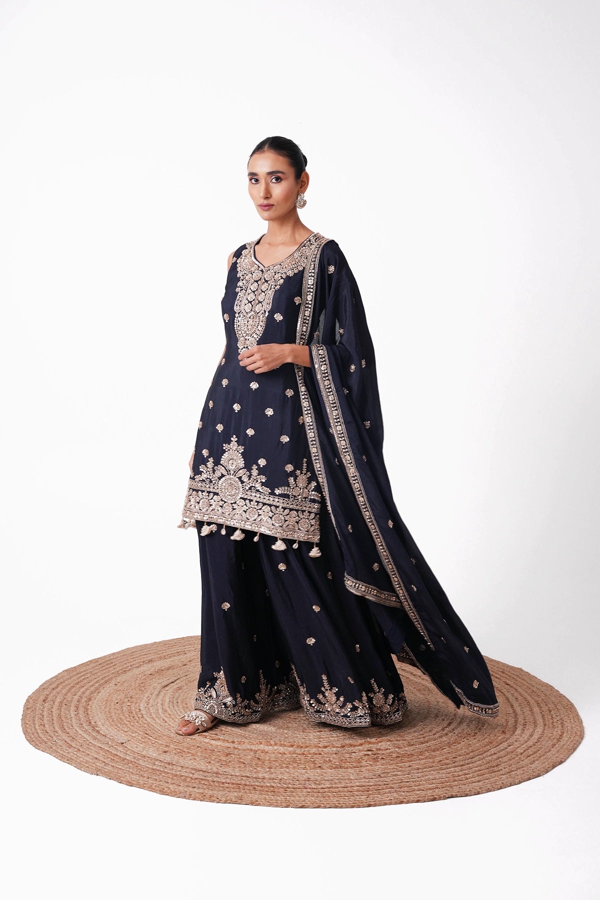 Navy Blue Embroidered Suit Set In Chinnon