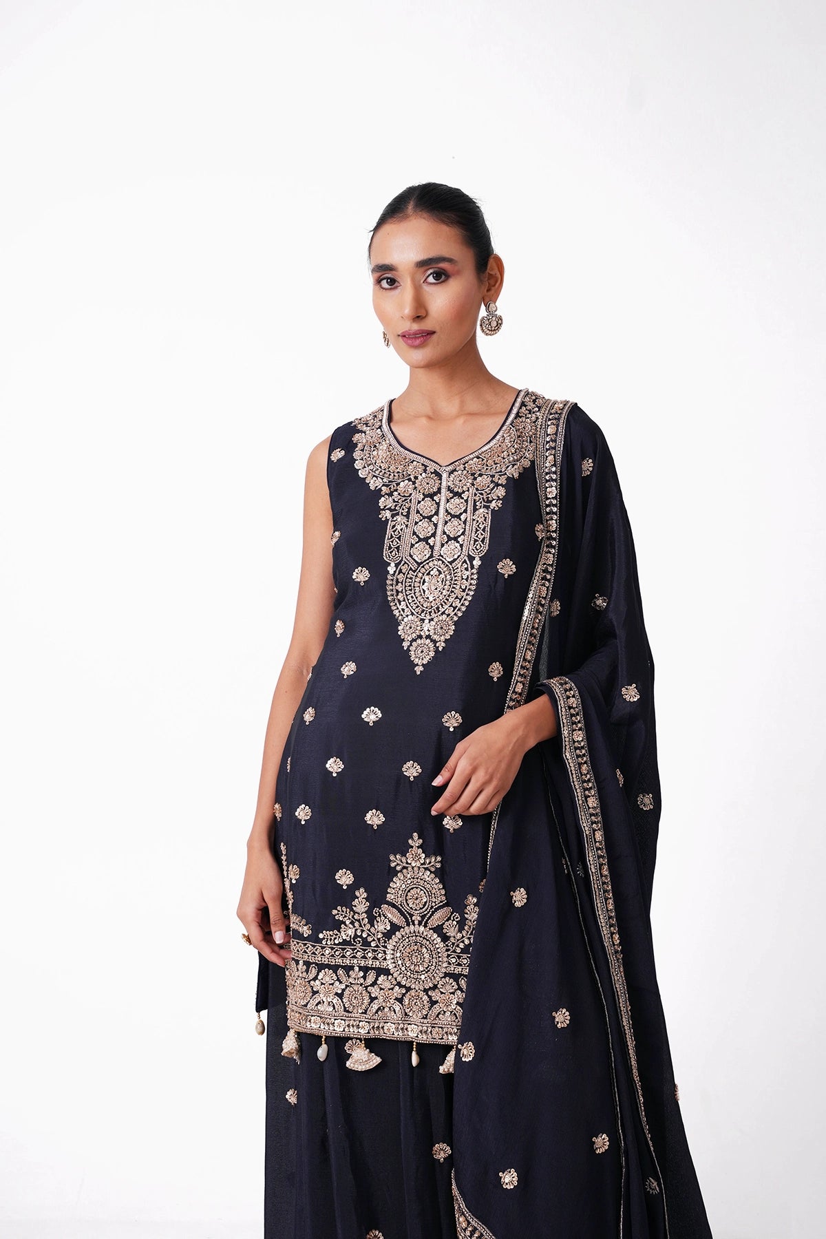 Navy Blue Embroidered Suit Set In Chinnon