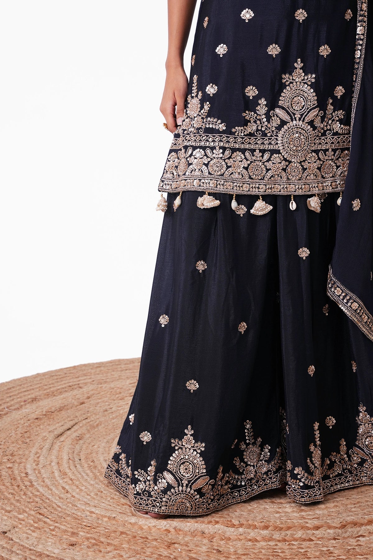 Navy Blue Embroidered Suit Set In Chinnon