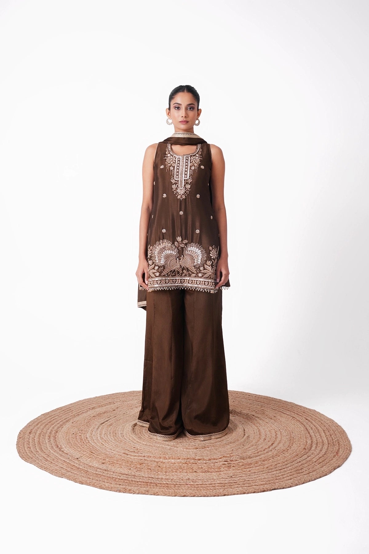 Dark Mehendi Green Embroidered Suit Set In Chinnon Fabric