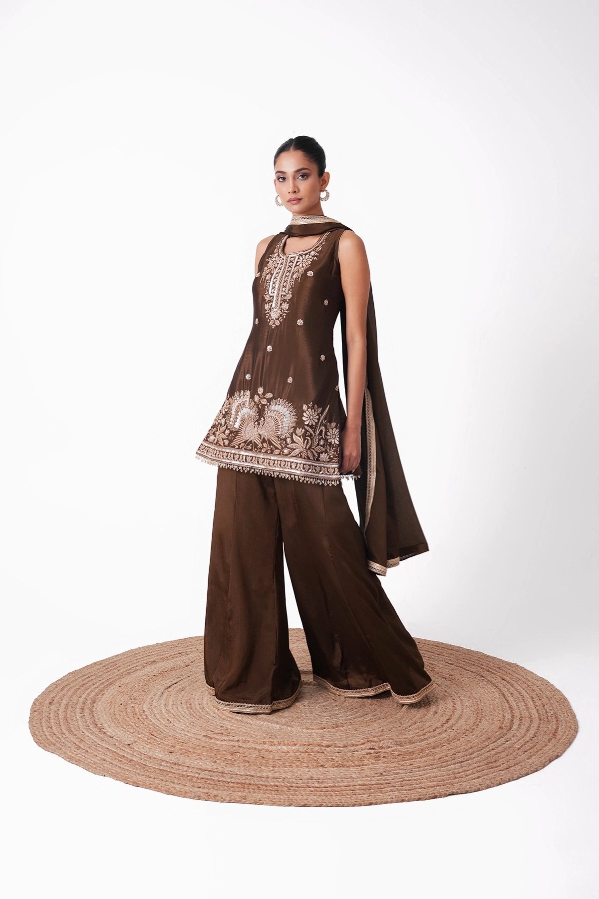 Dark Mehendi Green Embroidered Suit Set In Chinnon Fabric