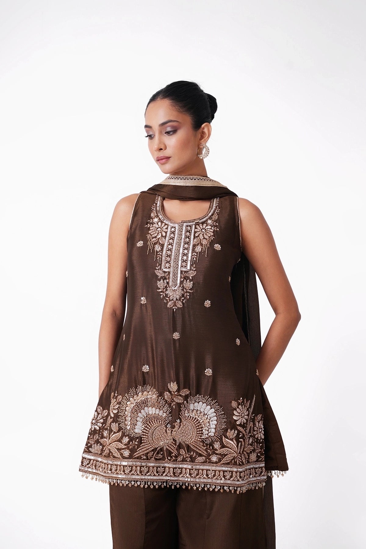 Dark Mehendi Green Embroidered Suit Set In Chinnon Fabric