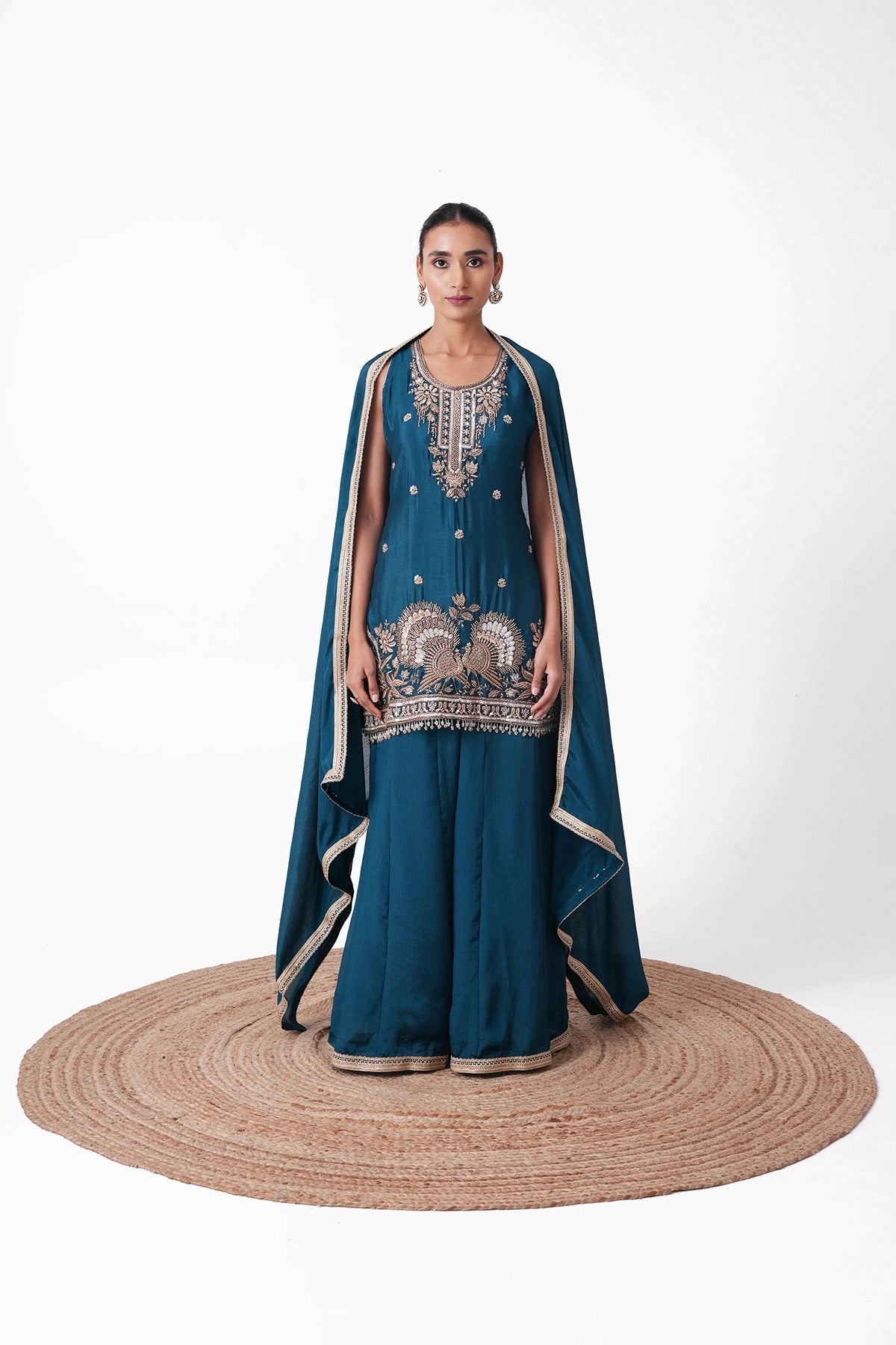 Peacock Blue Embroidered Suit Set In Chinnon Fabric