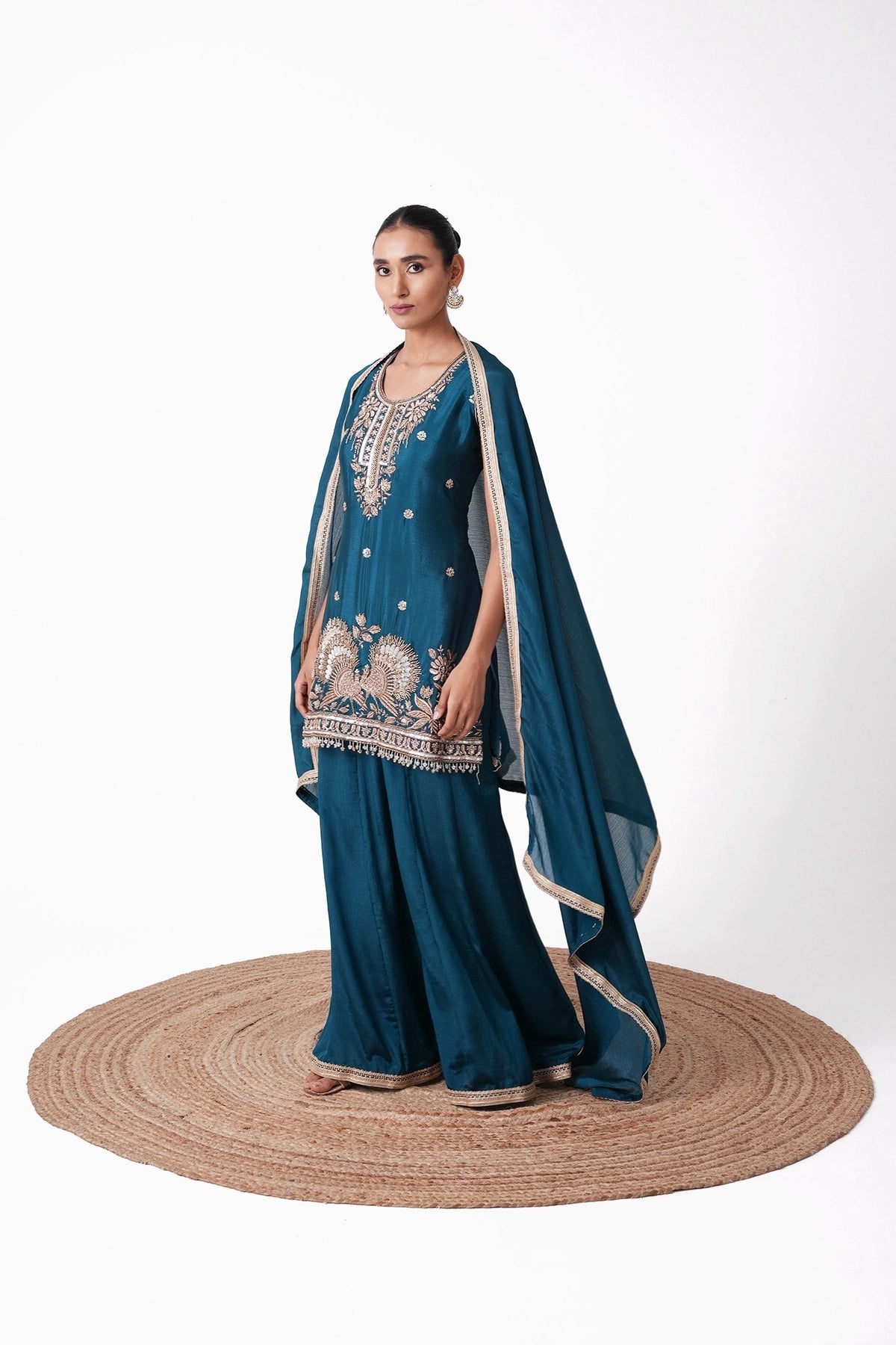 Peacock Blue Embroidered Suit Set In Chinnon Fabric