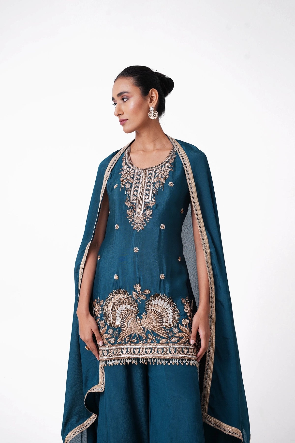 Peacock Blue Embroidered Suit Set In Chinnon Fabric