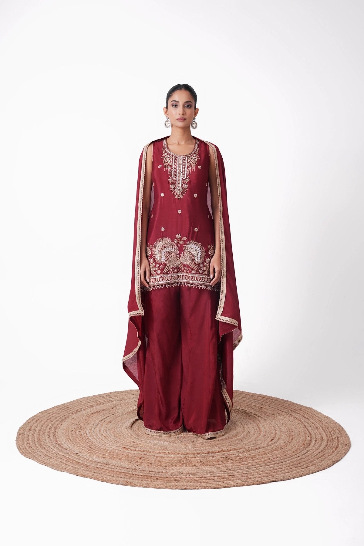 Maroon Embroidered Suit Set In Chinnon Fabric