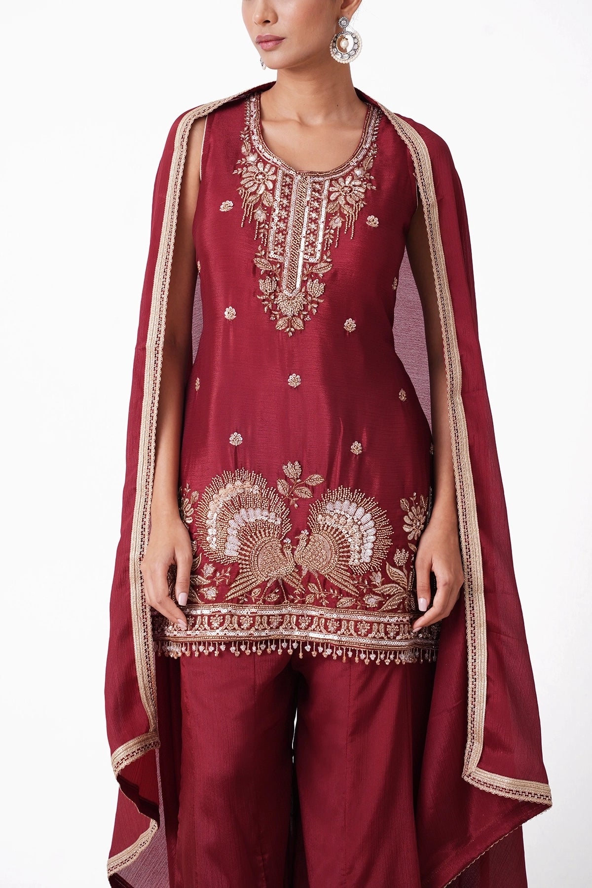 Maroon Embroidered Suit Set In Chinnon Fabric