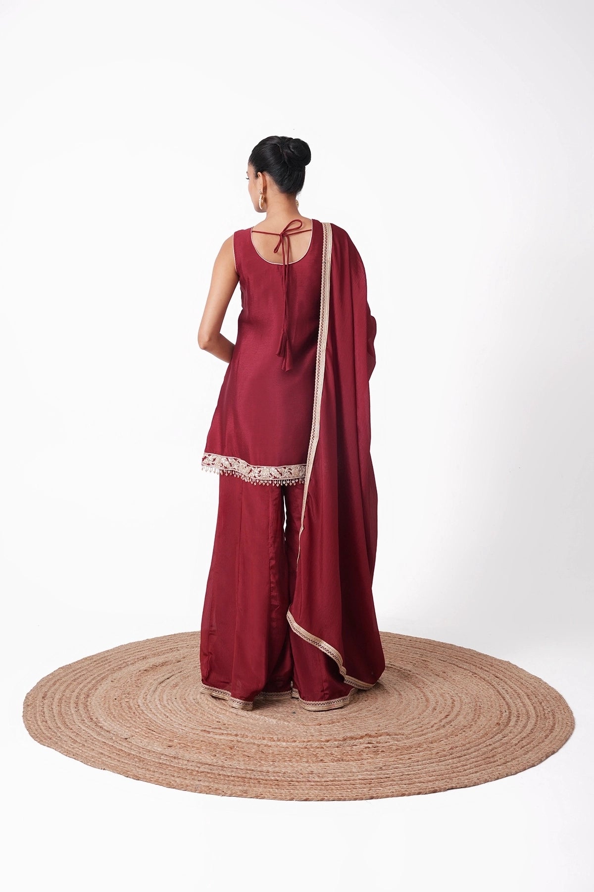 Maroon Embroidered Suit Set In Chinnon Fabric