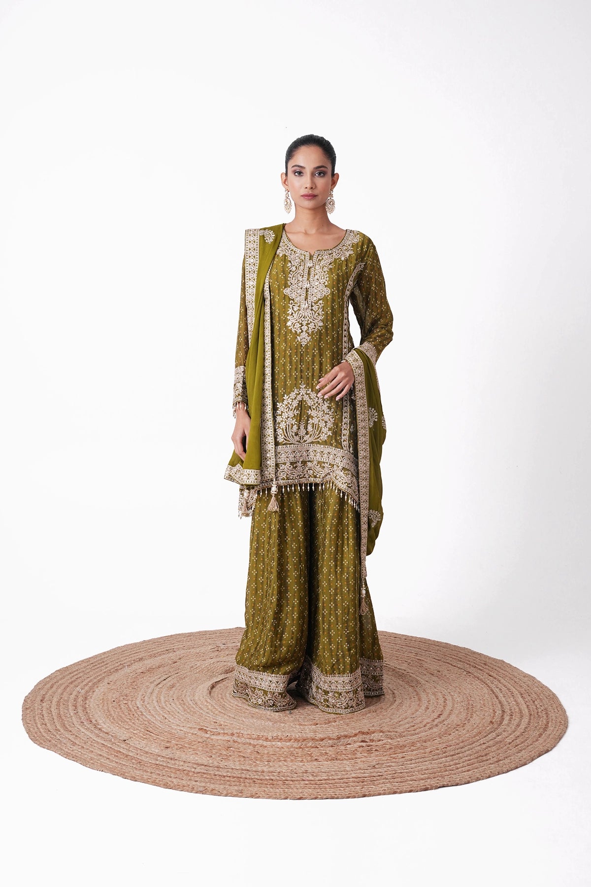 Mehendi Green Bandhani Printed Embroidered Suit Set