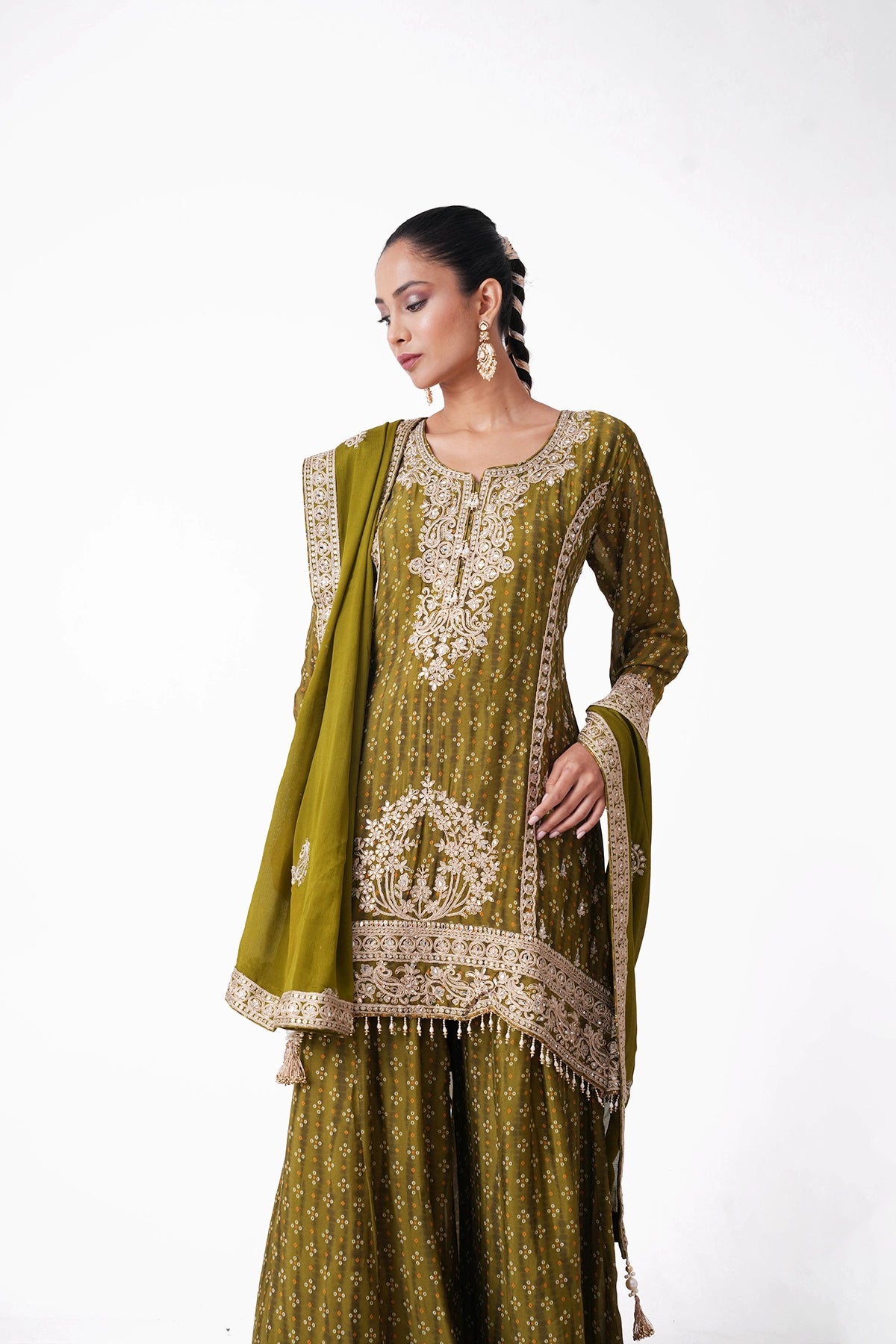 Mehendi Green Bandhani Printed Embroidered Suit Set