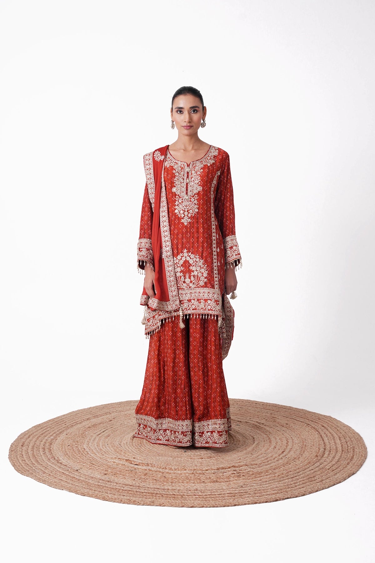 Rust Orange Bandhani Printed Embroidered Suit Set