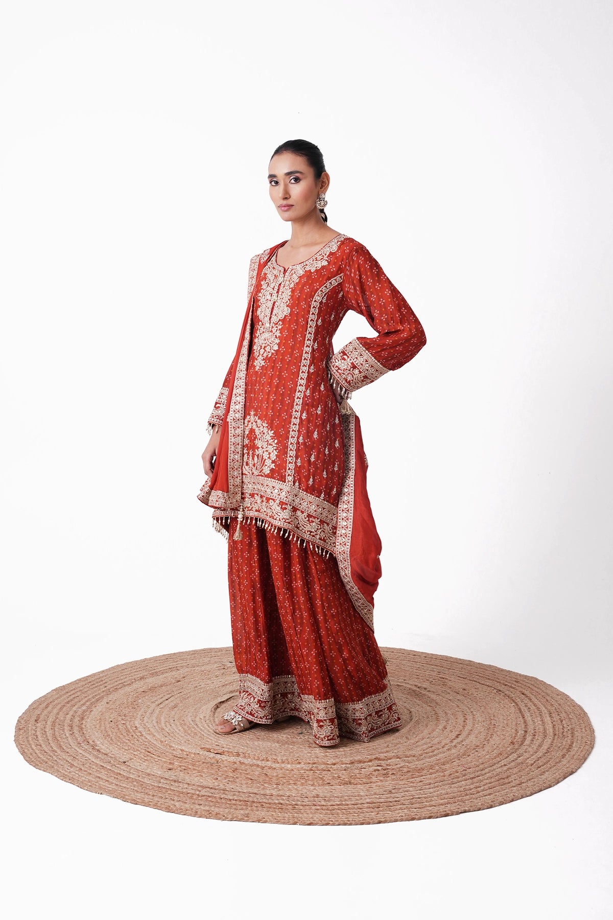 Rust Orange Bandhani Printed Embroidered Suit Set