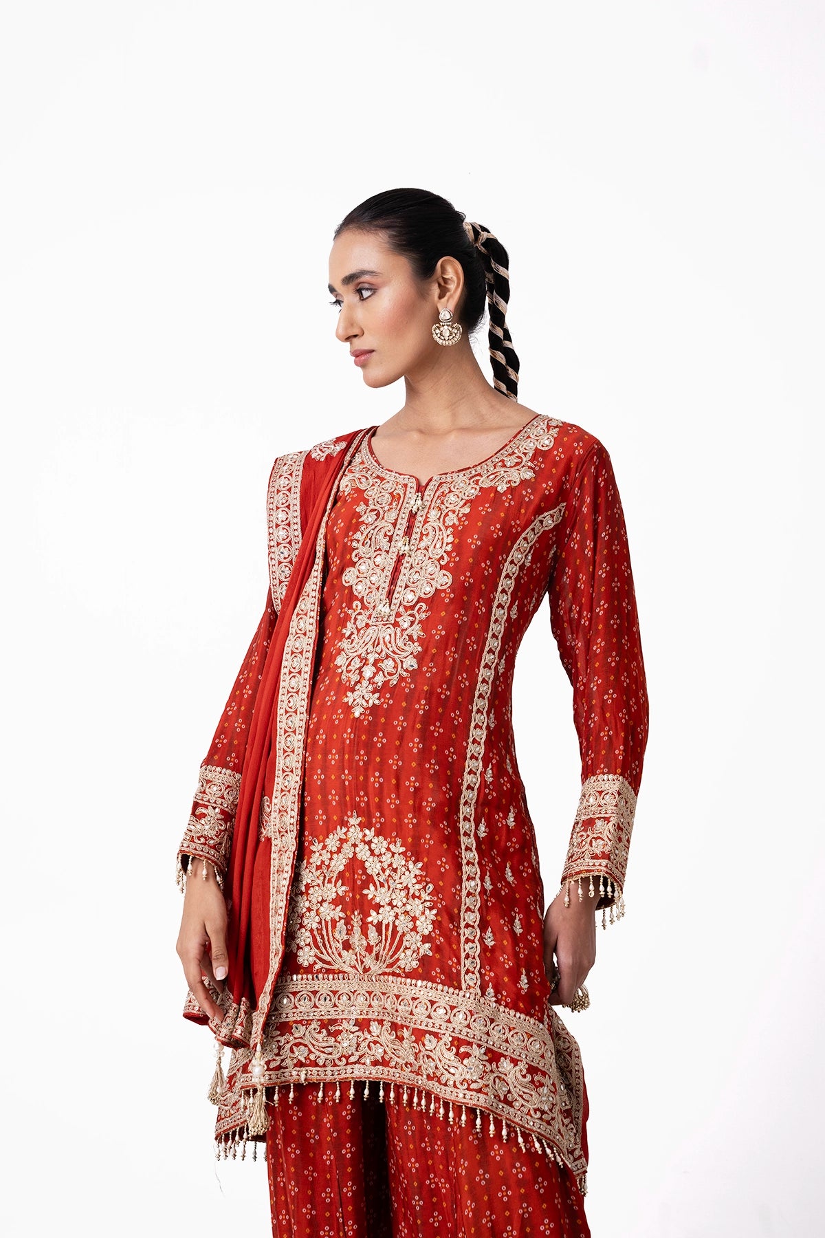 Rust Orange Bandhani Printed Embroidered Suit Set