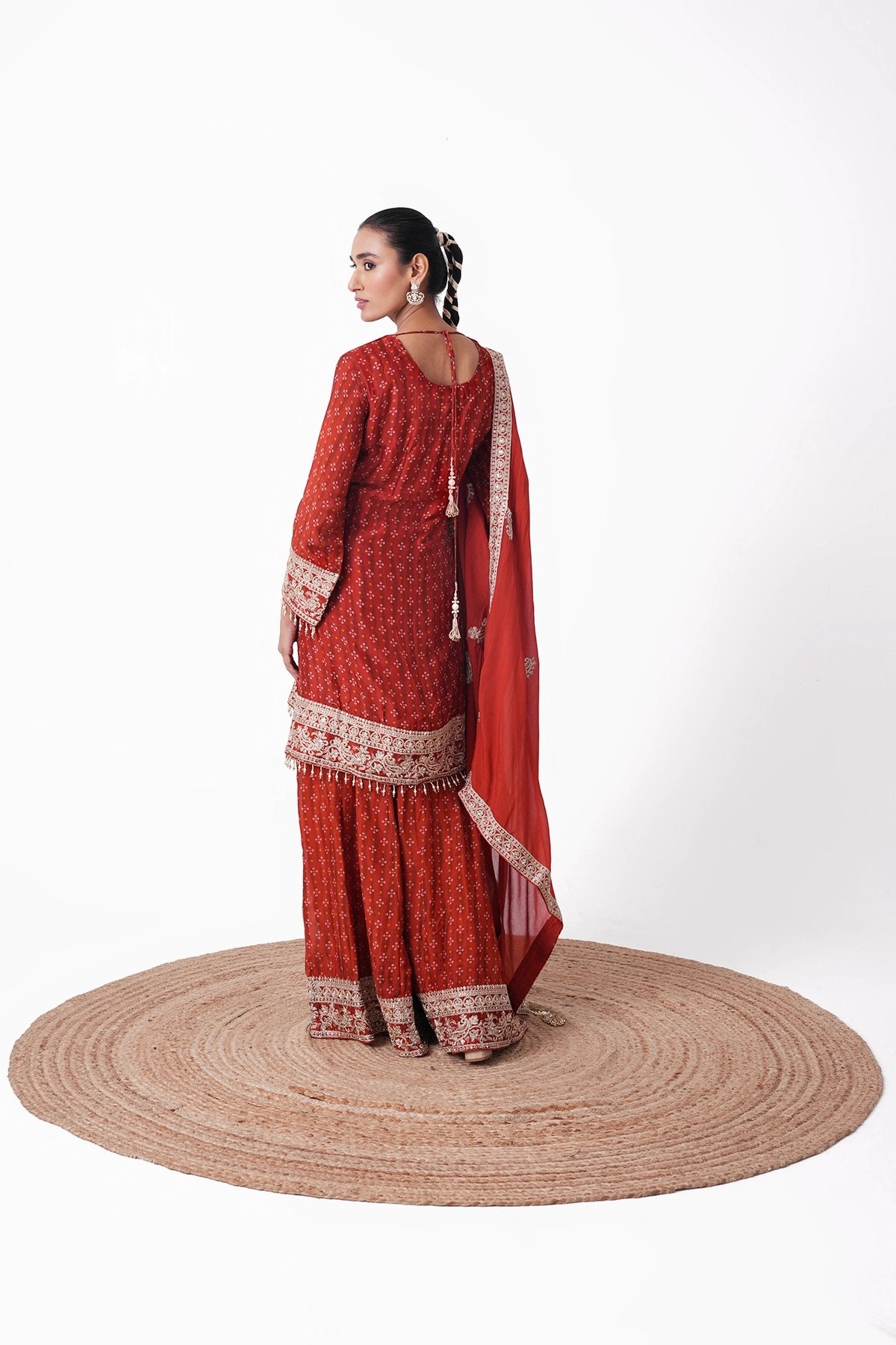 Rust Orange Bandhani Printed Embroidered Suit Set