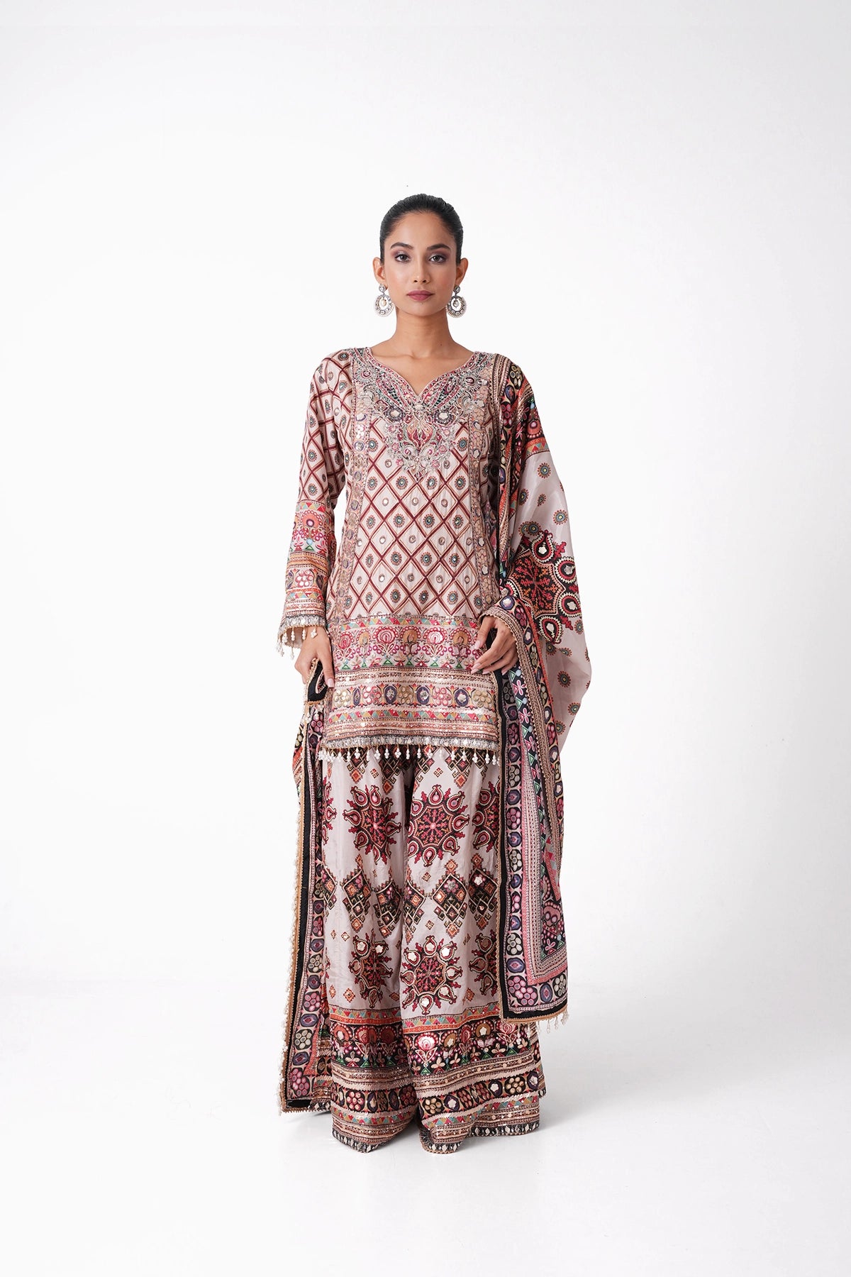 White Multicoloured Printed Suit Set In Opada Silk