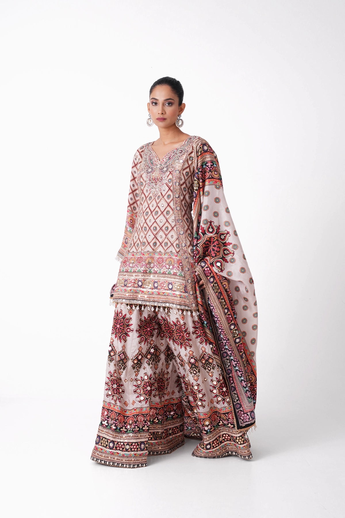 White Multicoloured Printed Suit Set In Opada Silk