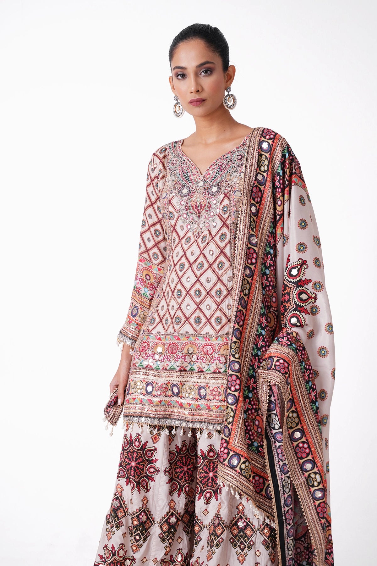 White Multicoloured Printed Suit Set In Opada Silk