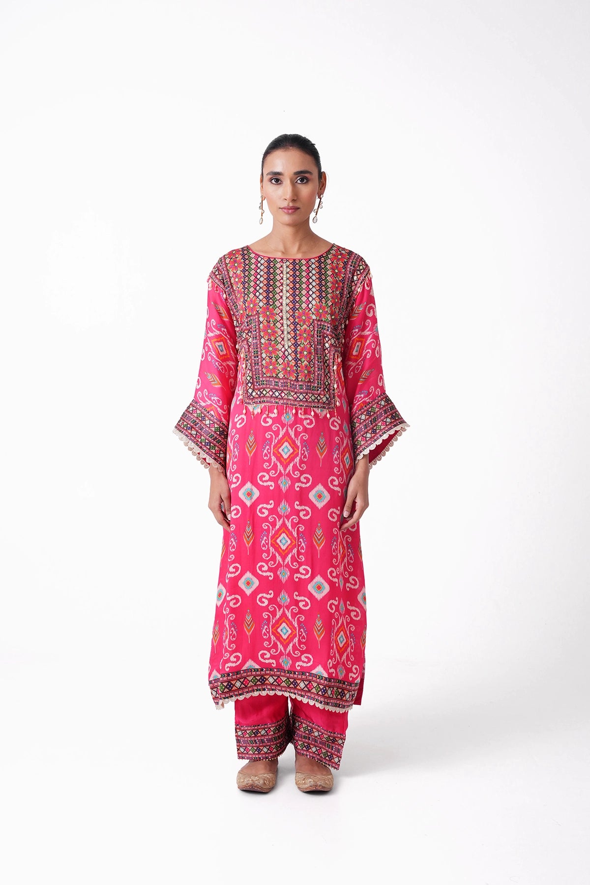 Pink Patola Printed Suit Set With Kimono Sleeves