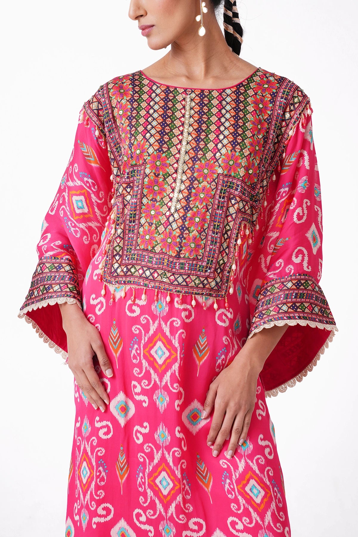 Pink Patola Printed Suit Set With Kimono Sleeves