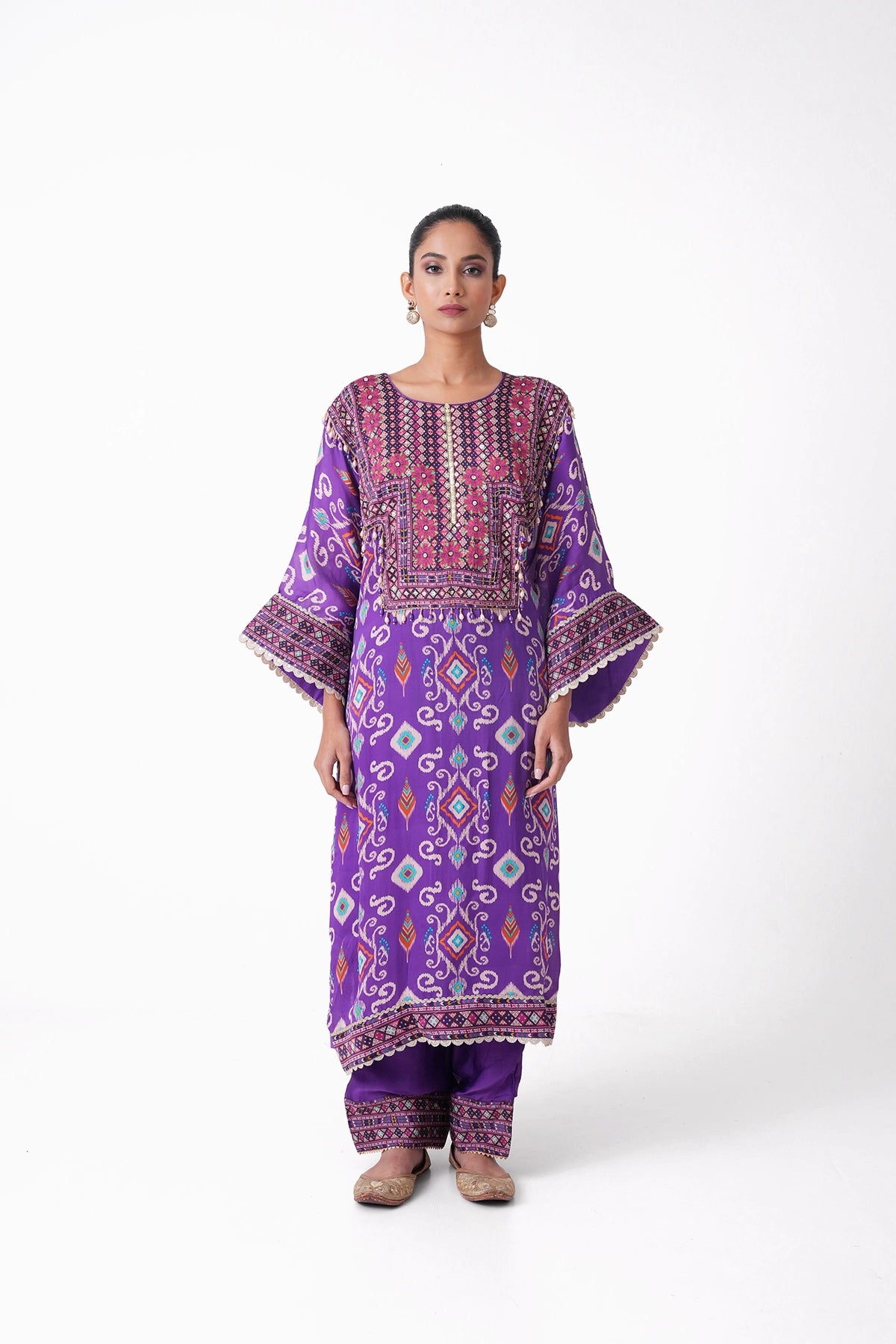Purple Patola Printed Suit Set With Kimono Sleeves