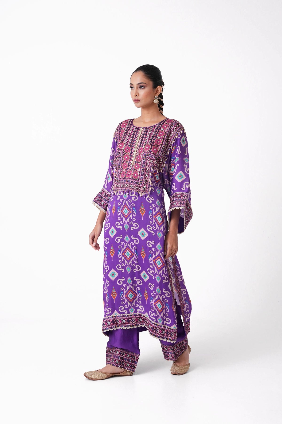 Purple Patola Printed Suit Set With Kimono Sleeves