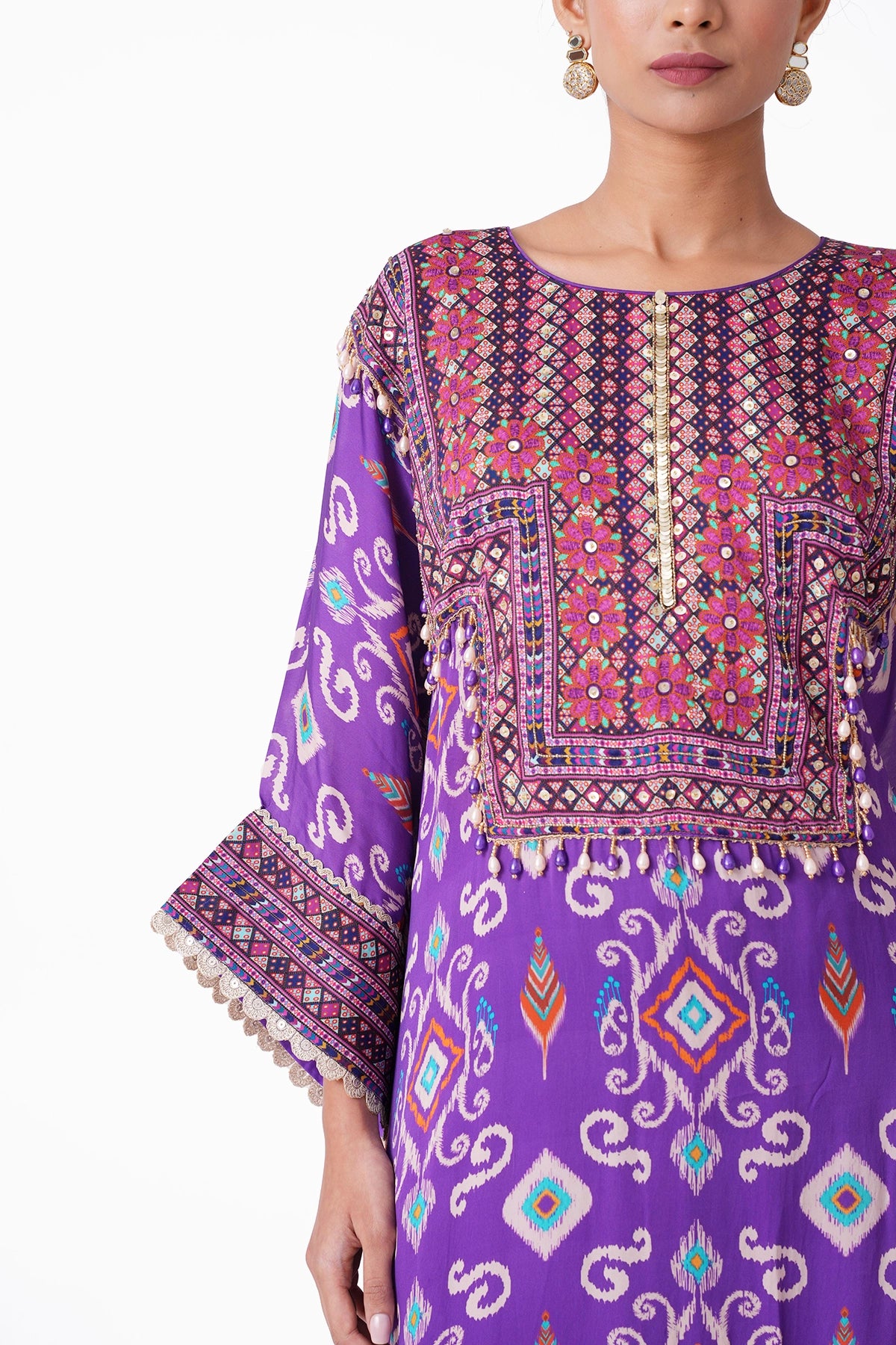 Purple Patola Printed Suit Set With Kimono Sleeves