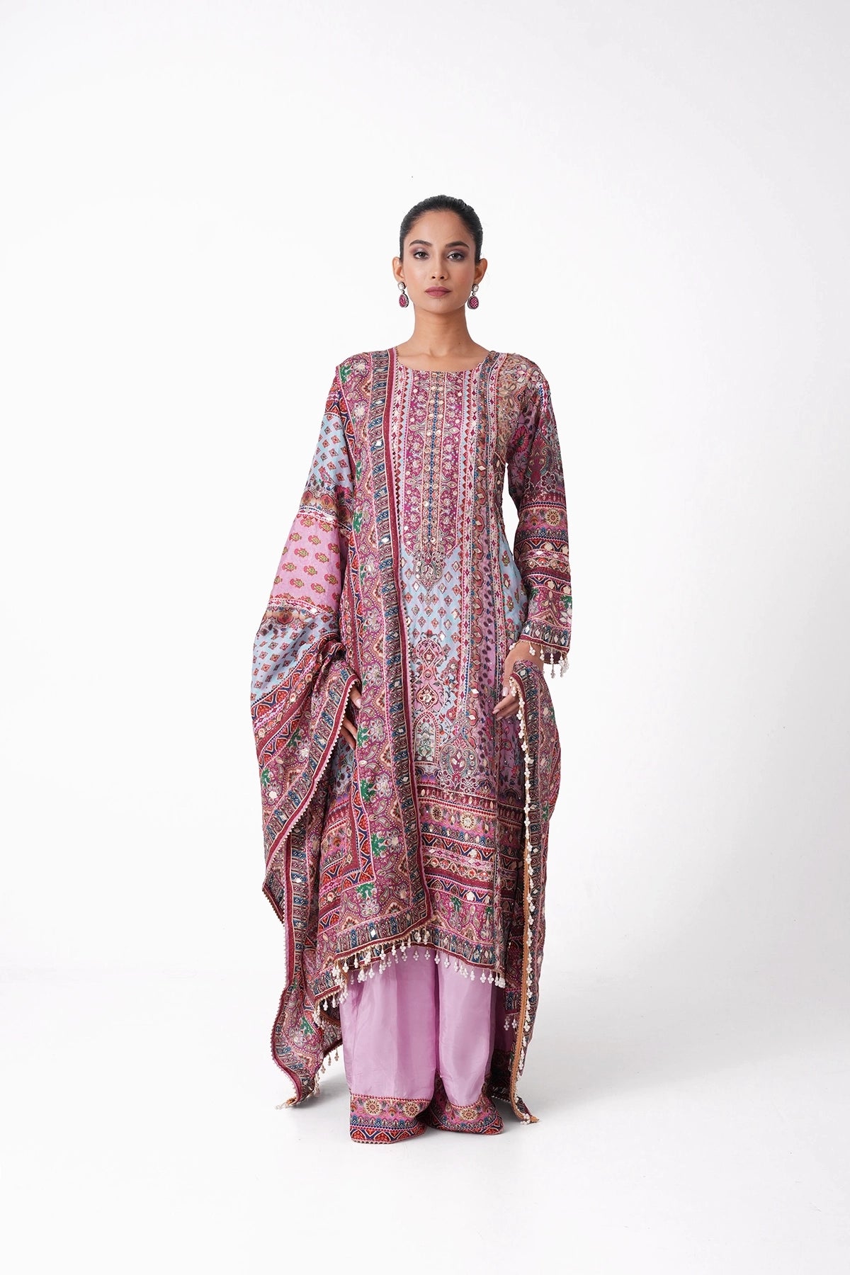 Lilac And Sky Blue Multicoloured Printed Salvaar Kameez Set In Opada Silk