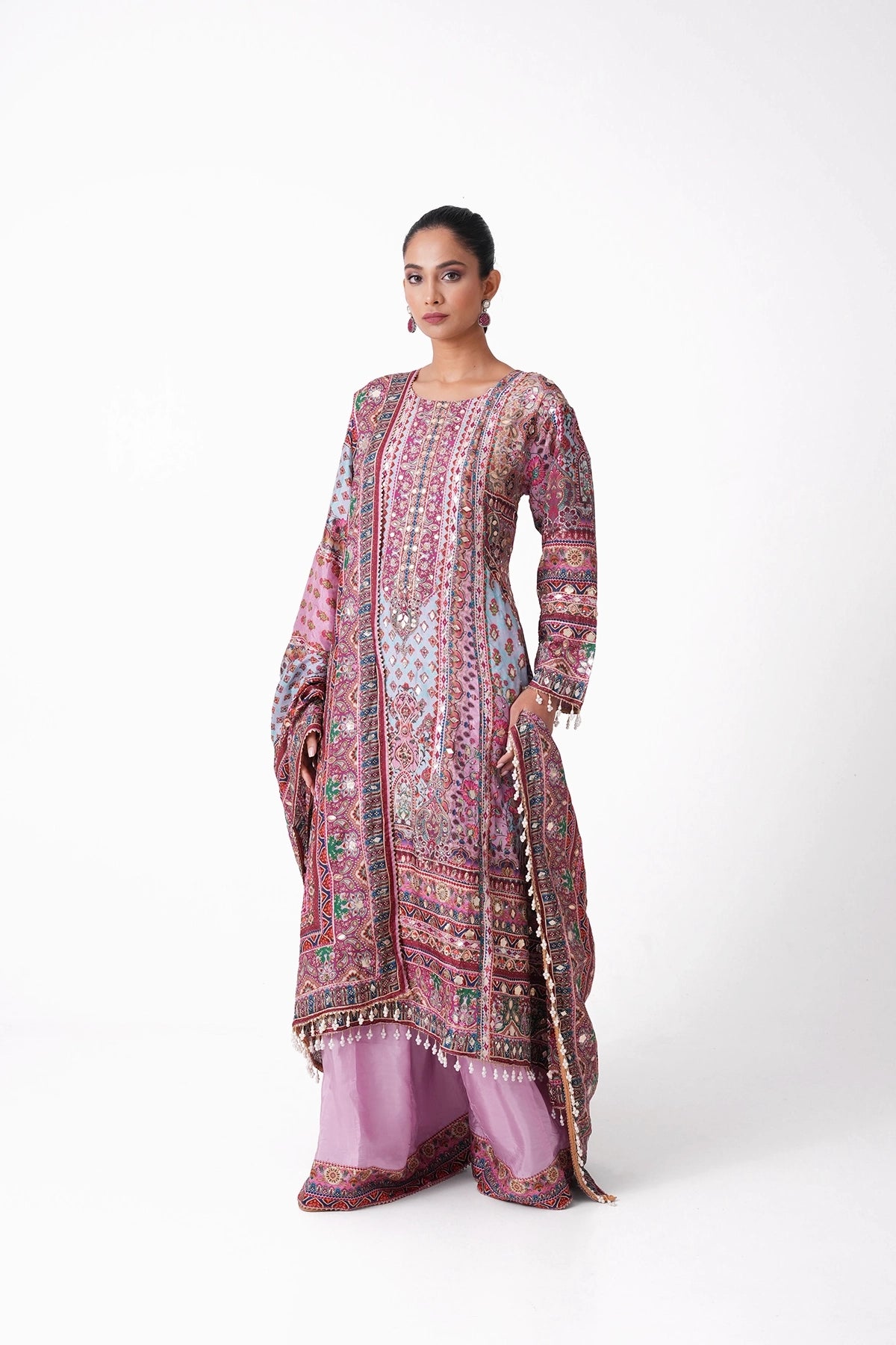 Lilac And Sky Blue Multicoloured Printed Salvaar Kameez Set In Opada Silk