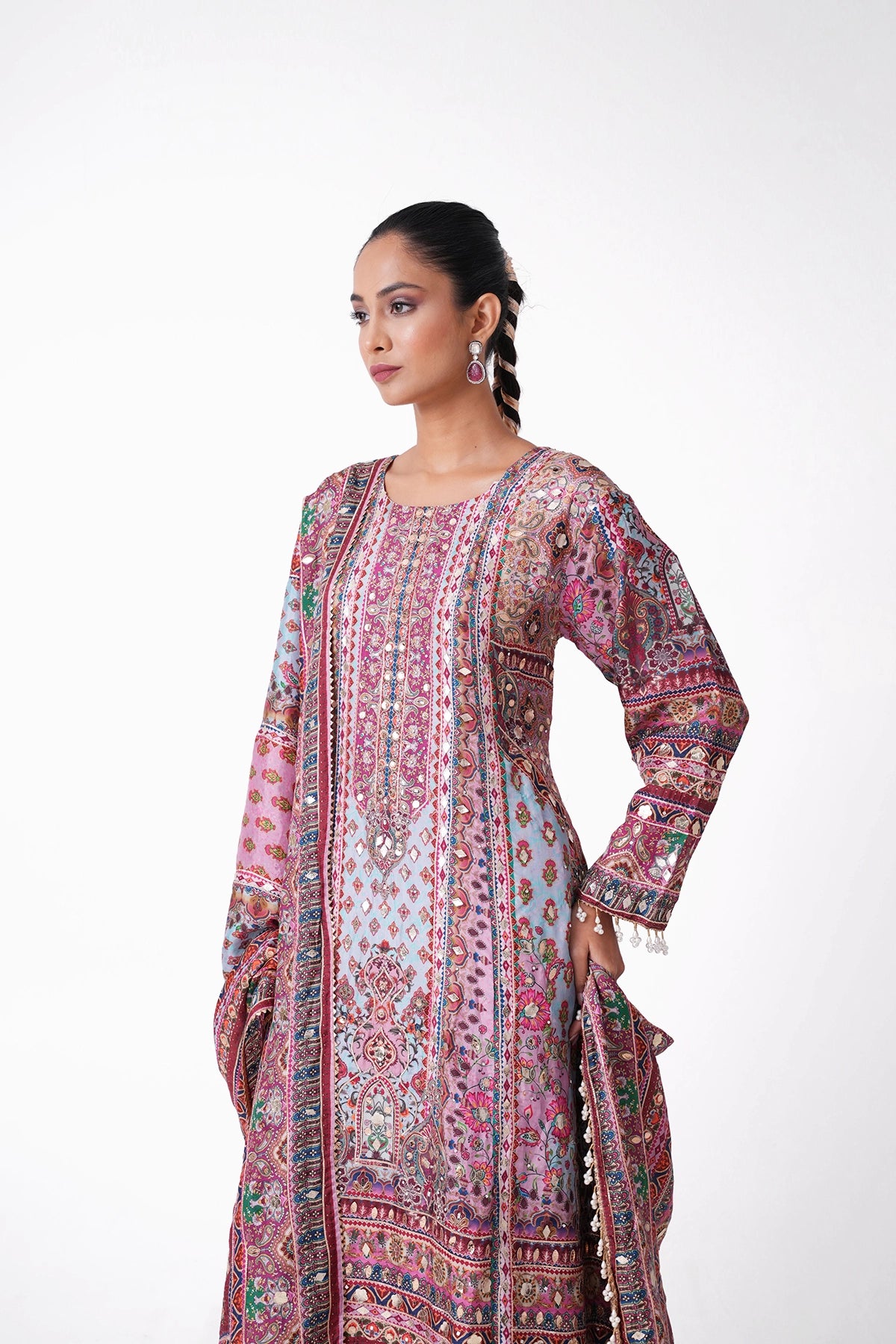 Lilac And Sky Blue Multicoloured Printed Salvaar Kameez Set In Opada Silk