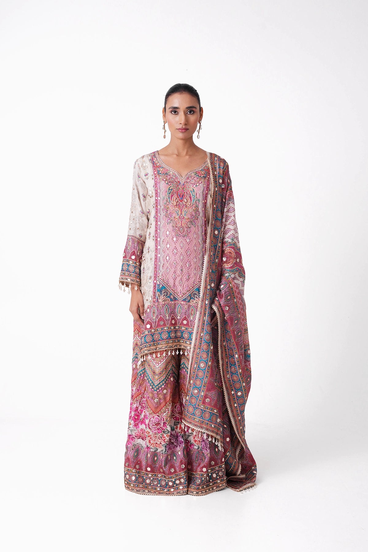 Ivory And Pink Multicoloured Printed Suit Set In Opada Silk