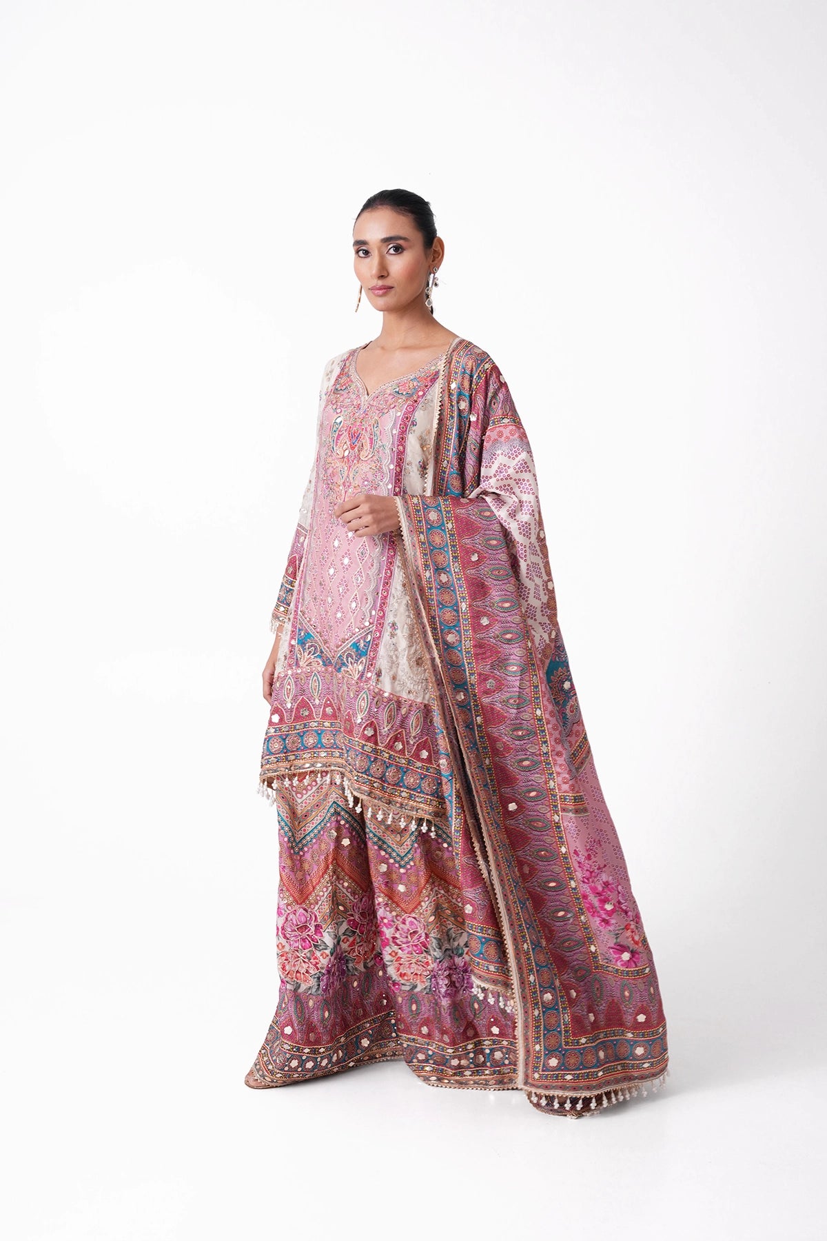 Ivory And Pink Multicoloured Printed Suit Set In Opada Silk