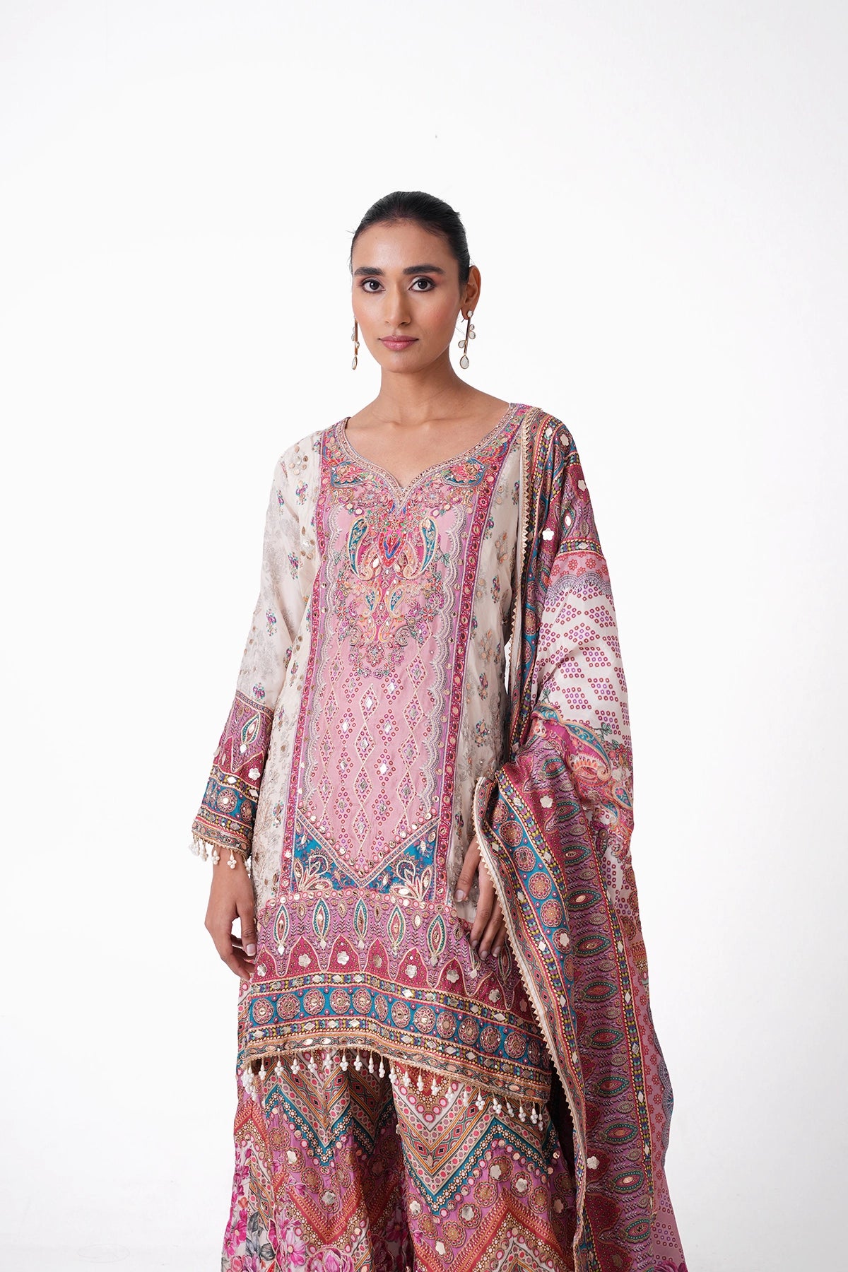 Ivory And Pink Multicoloured Printed Suit Set In Opada Silk