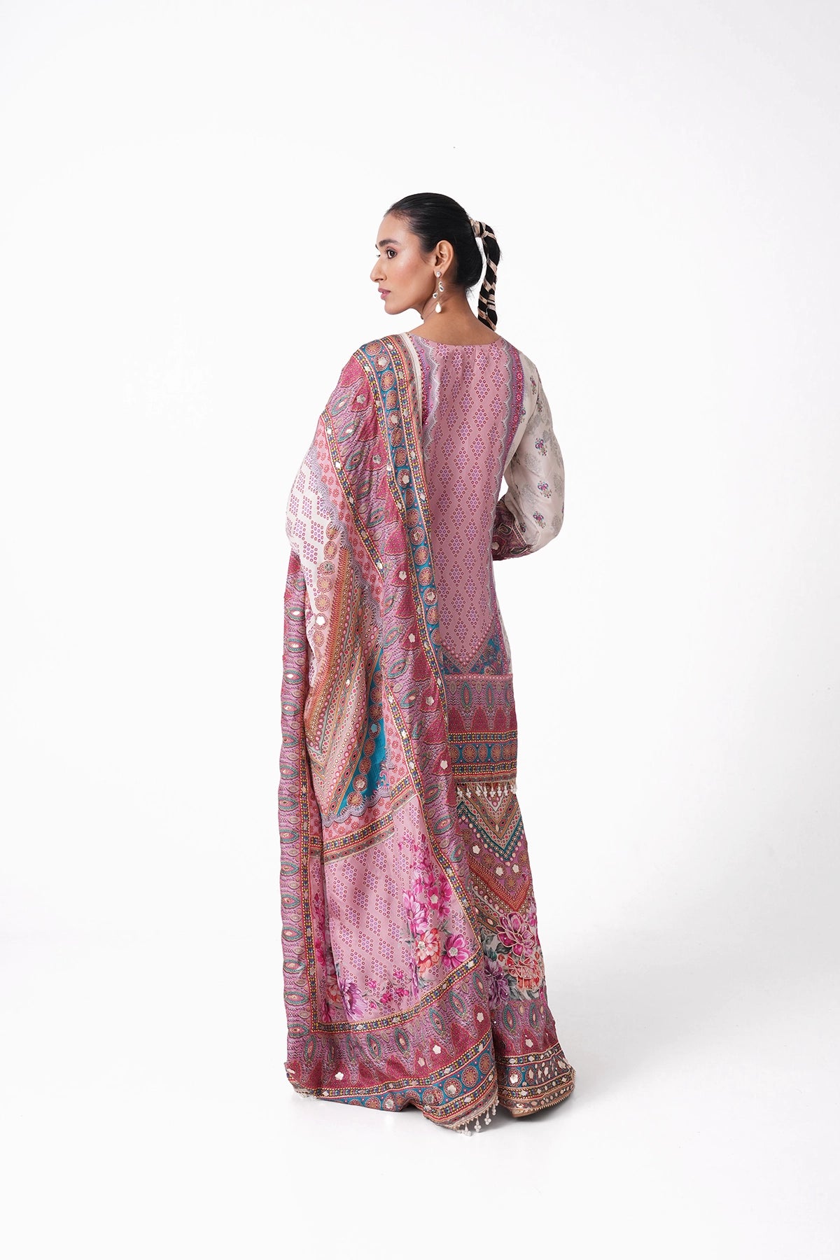 Ivory And Pink Multicoloured Printed Suit Set In Opada Silk