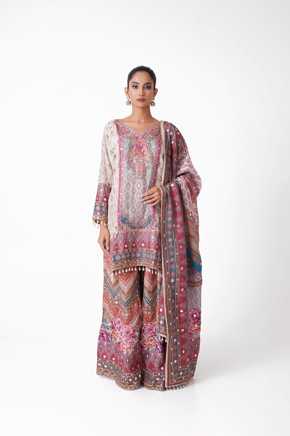 Ivory And Blue Multicoloured Printed Suit Set In Opada Silk
