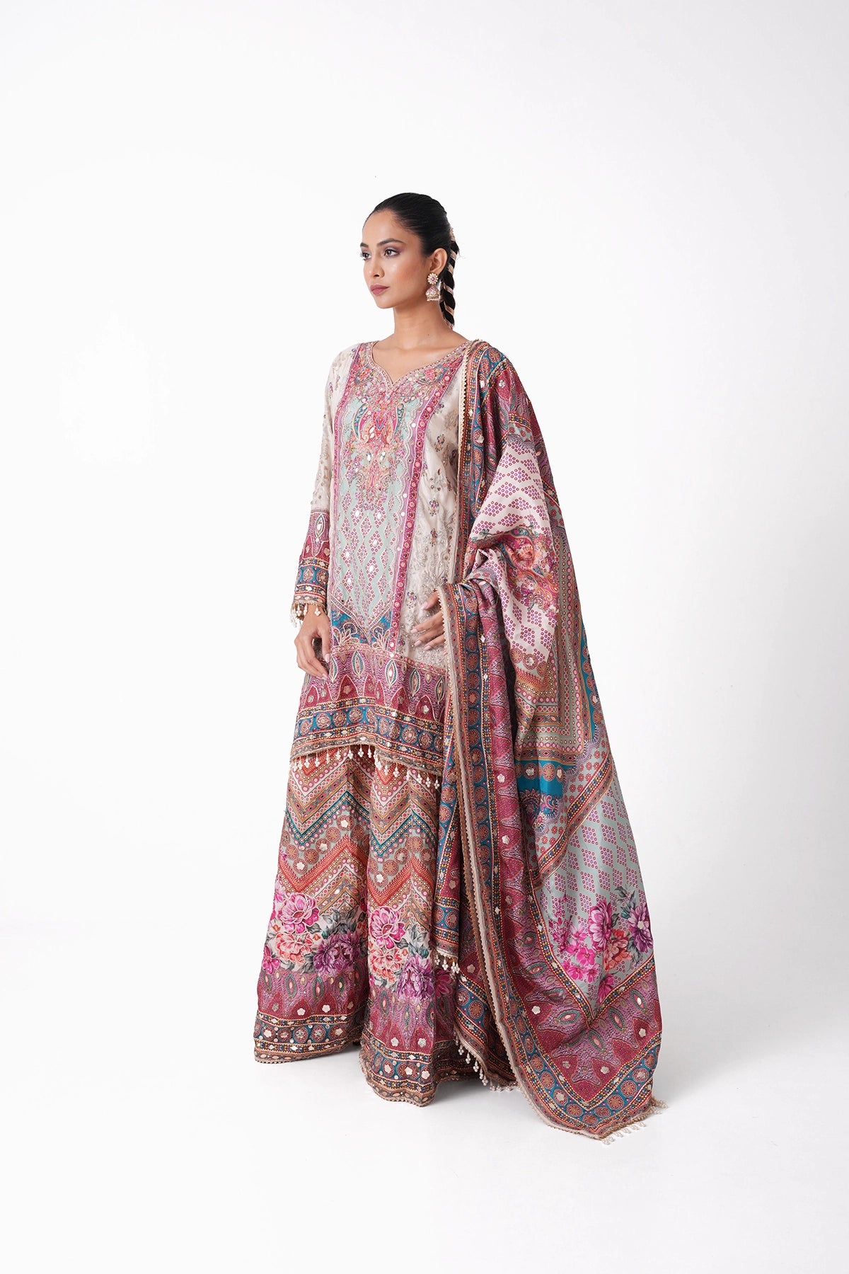 Ivory And Blue Multicoloured Printed Suit Set In Opada Silk