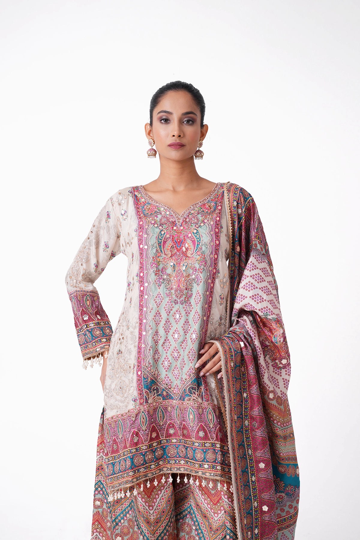 Ivory And Blue Multicoloured Printed Suit Set In Opada Silk