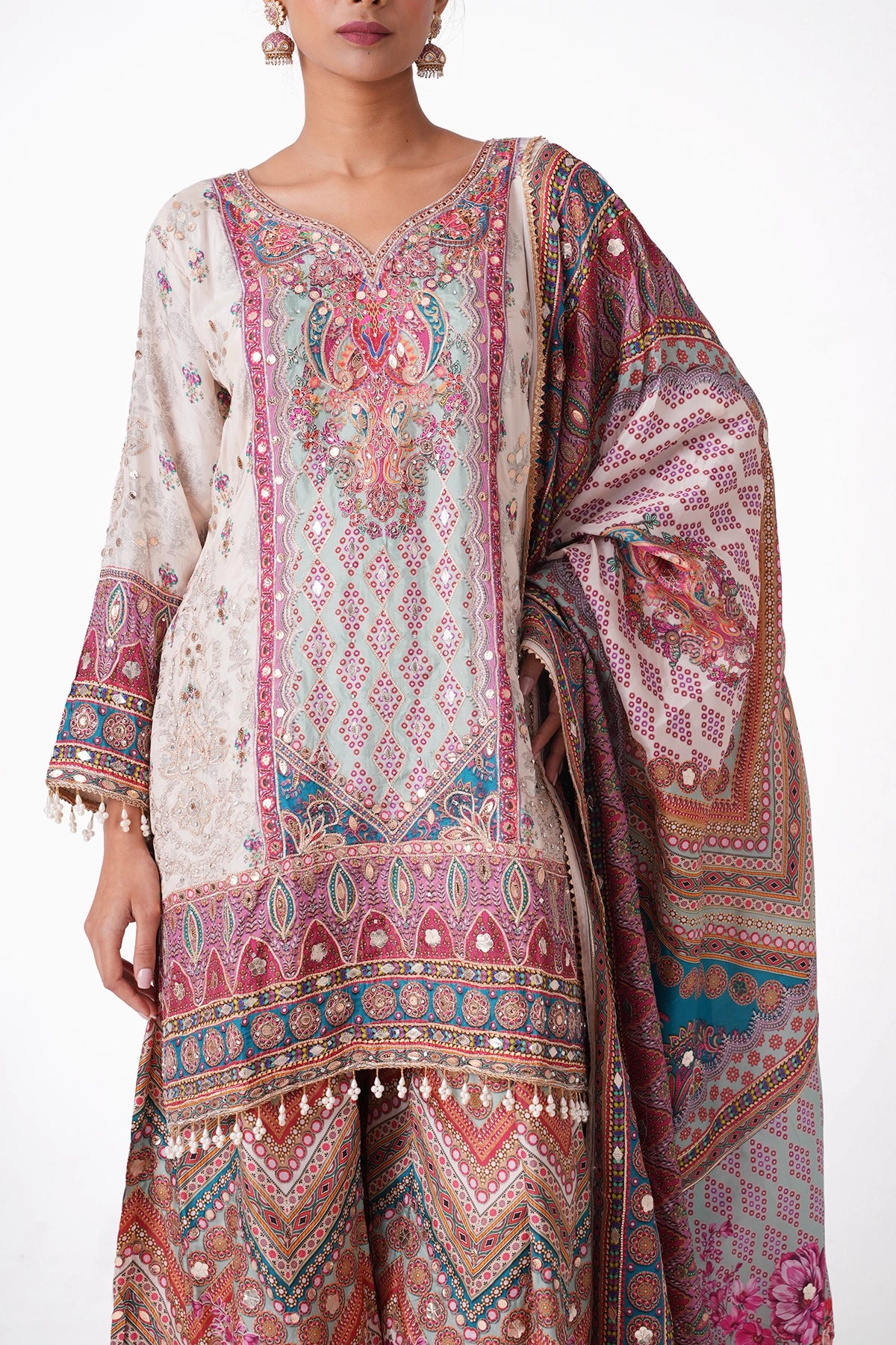 Ivory And Blue Multicoloured Printed Suit Set In Opada Silk