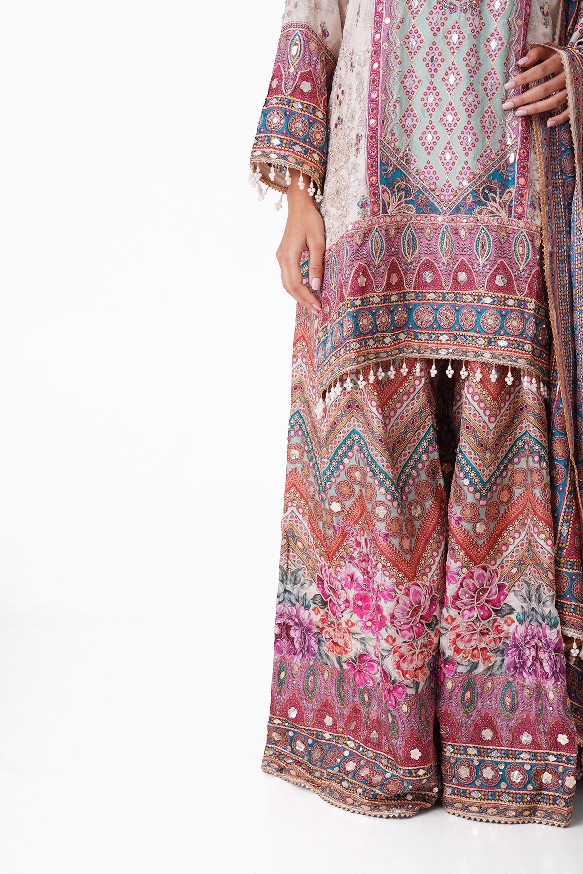 Ivory And Blue Multicoloured Printed Suit Set In Opada Silk