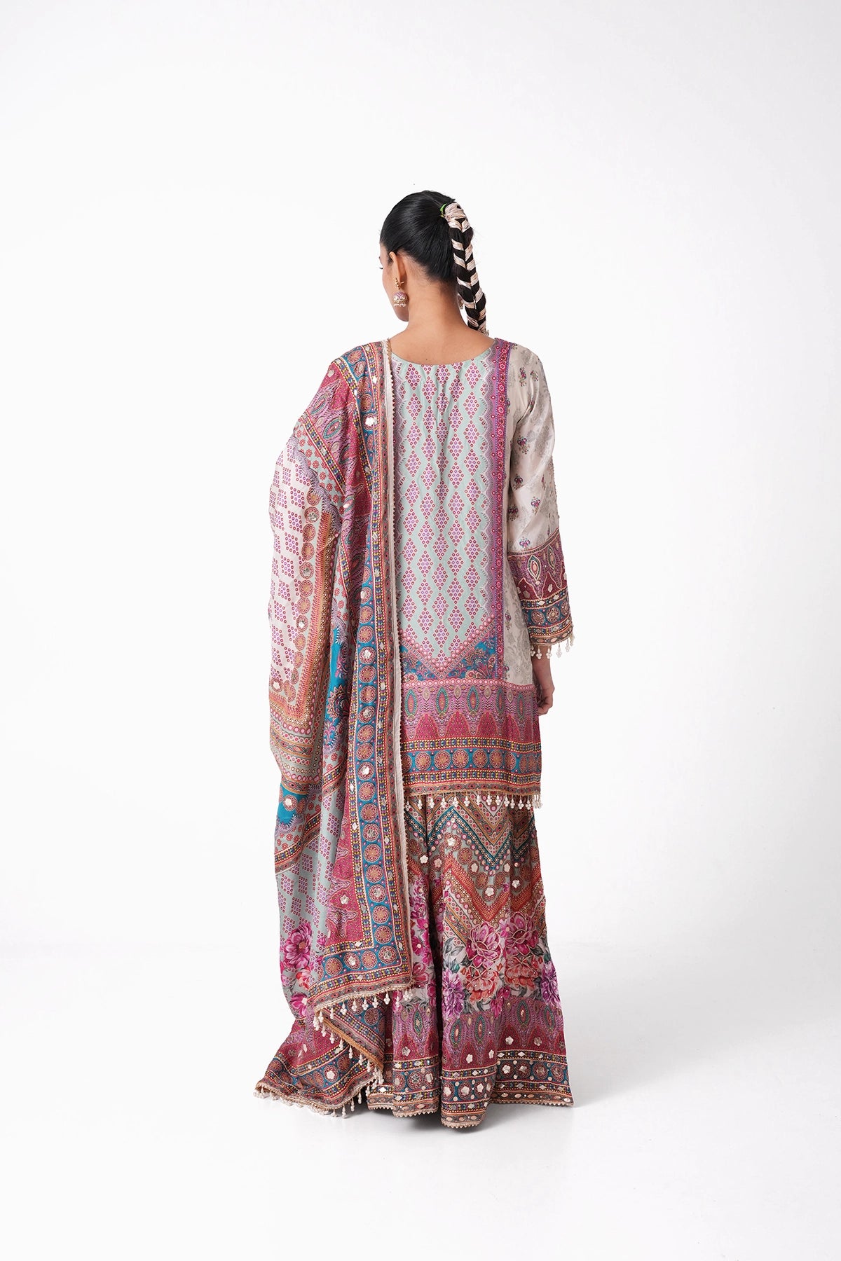 Ivory And Blue Multicoloured Printed Suit Set In Opada Silk