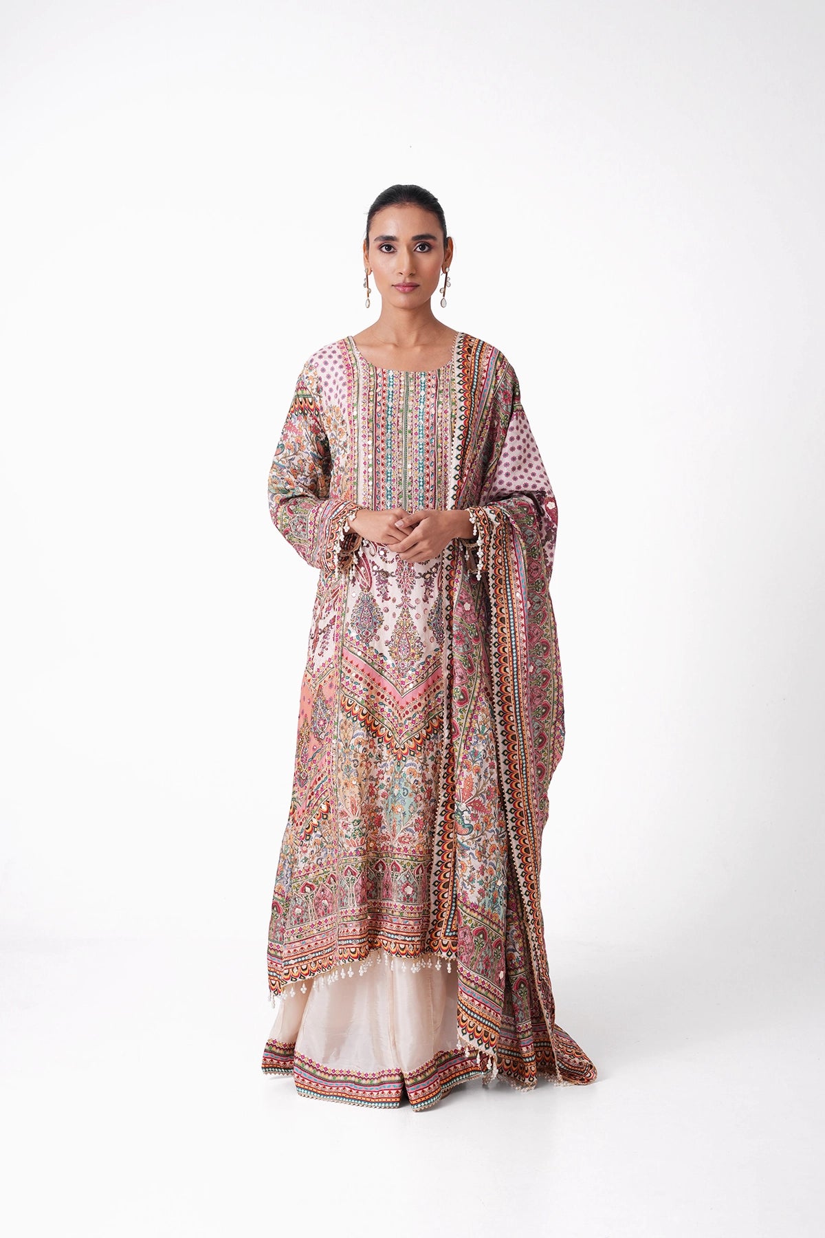 Dark Ivory Multicoloured Printed Suit Set In Opada Silk