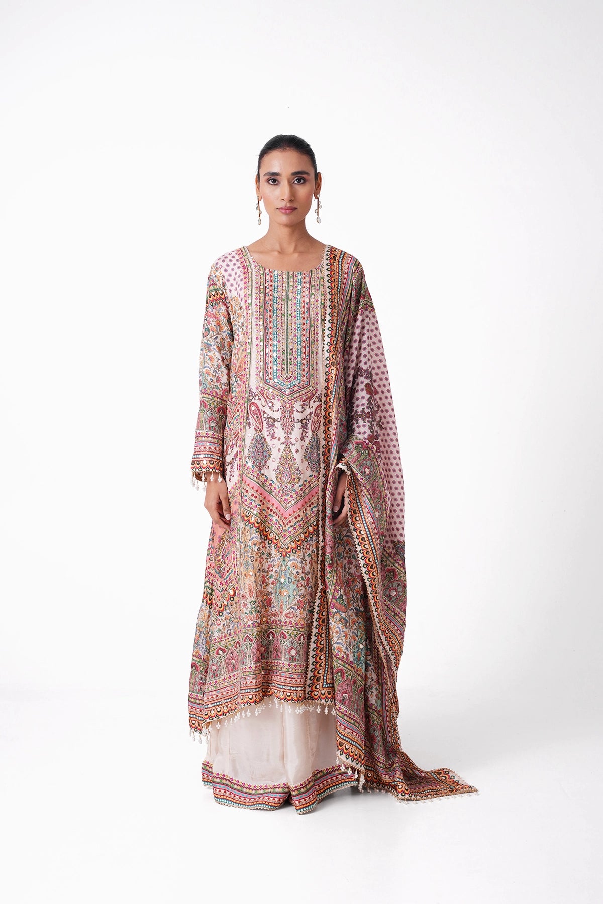Dark Ivory Multicoloured Printed Suit Set In Opada Silk