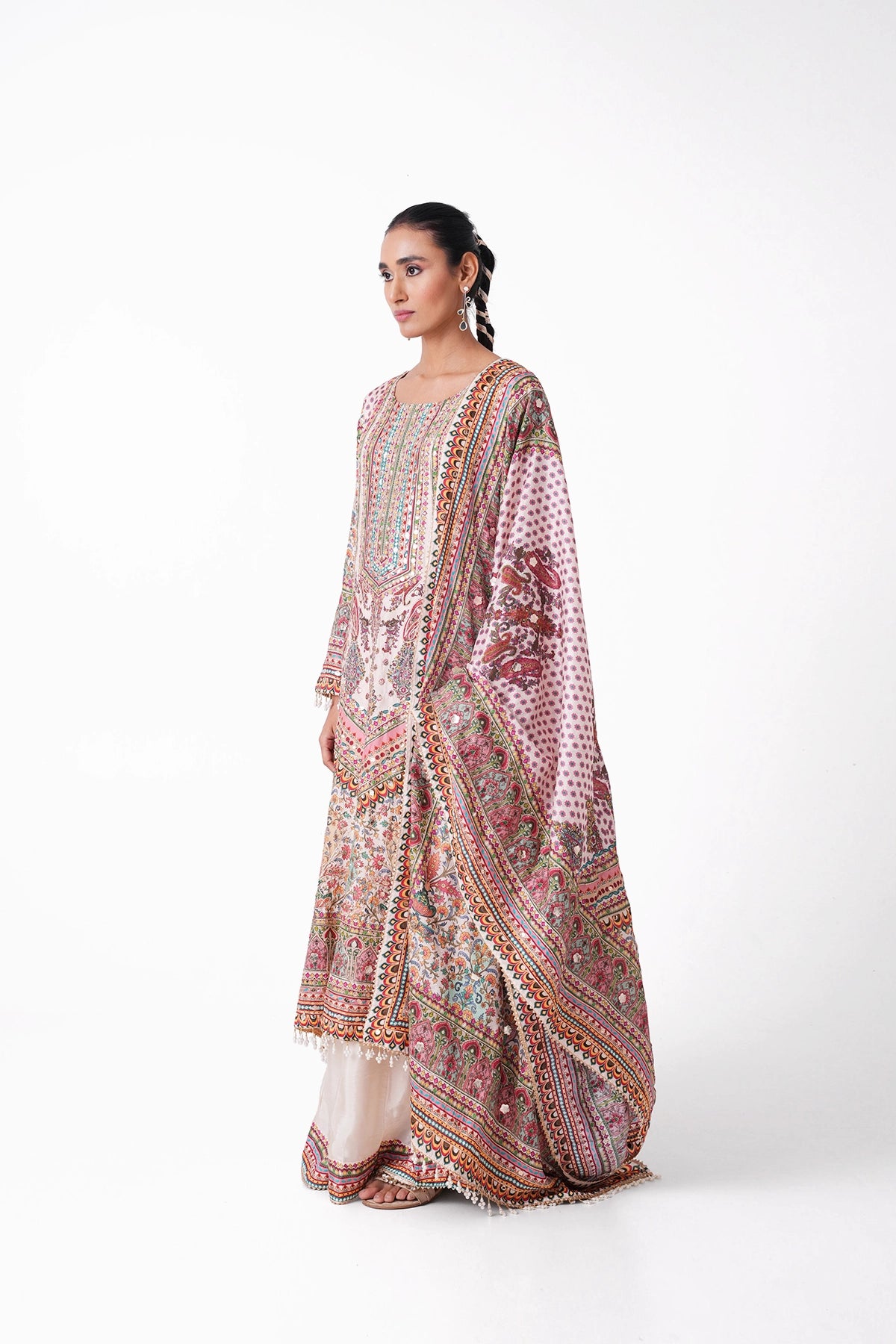 Dark Ivory Multicoloured Printed Suit Set In Opada Silk