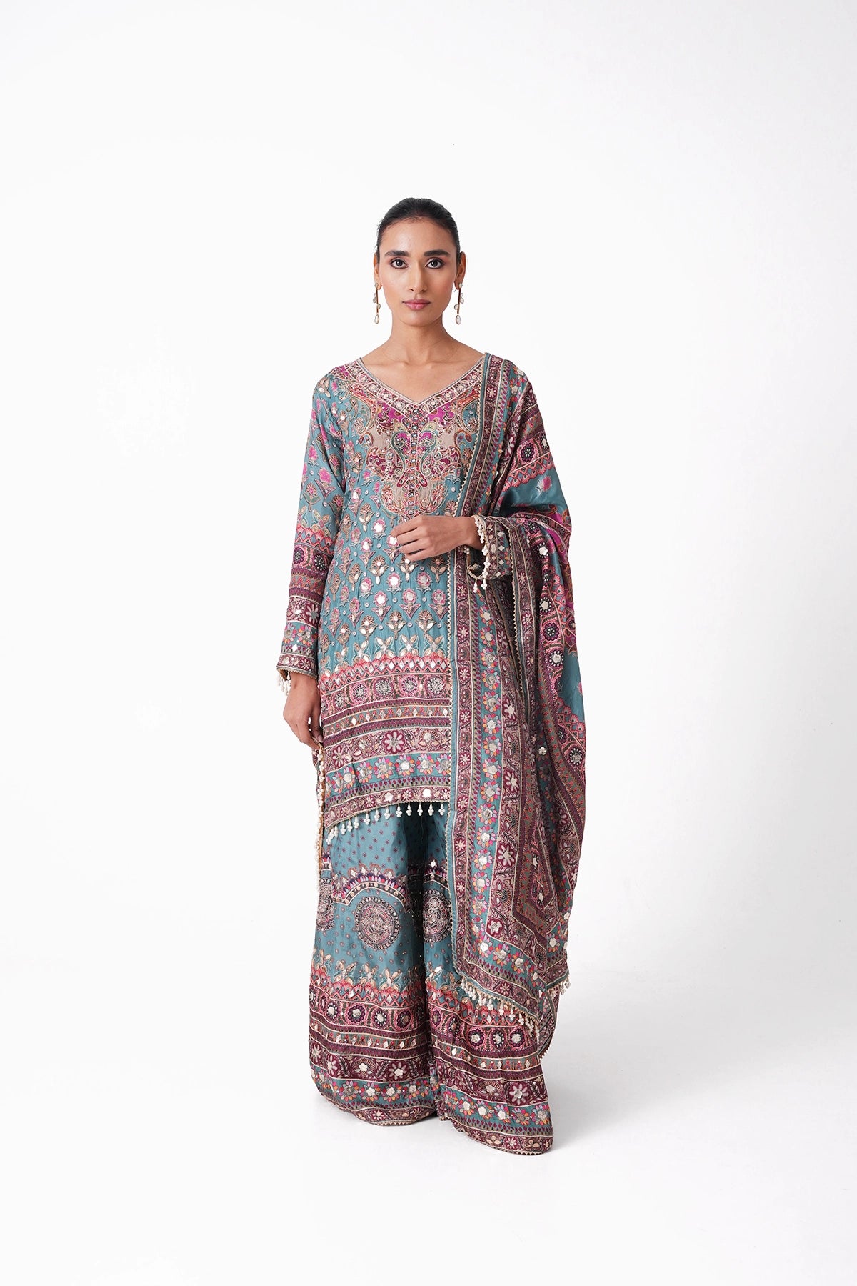 Blue Multicoloured Printed Suit Set In Opada Silk
