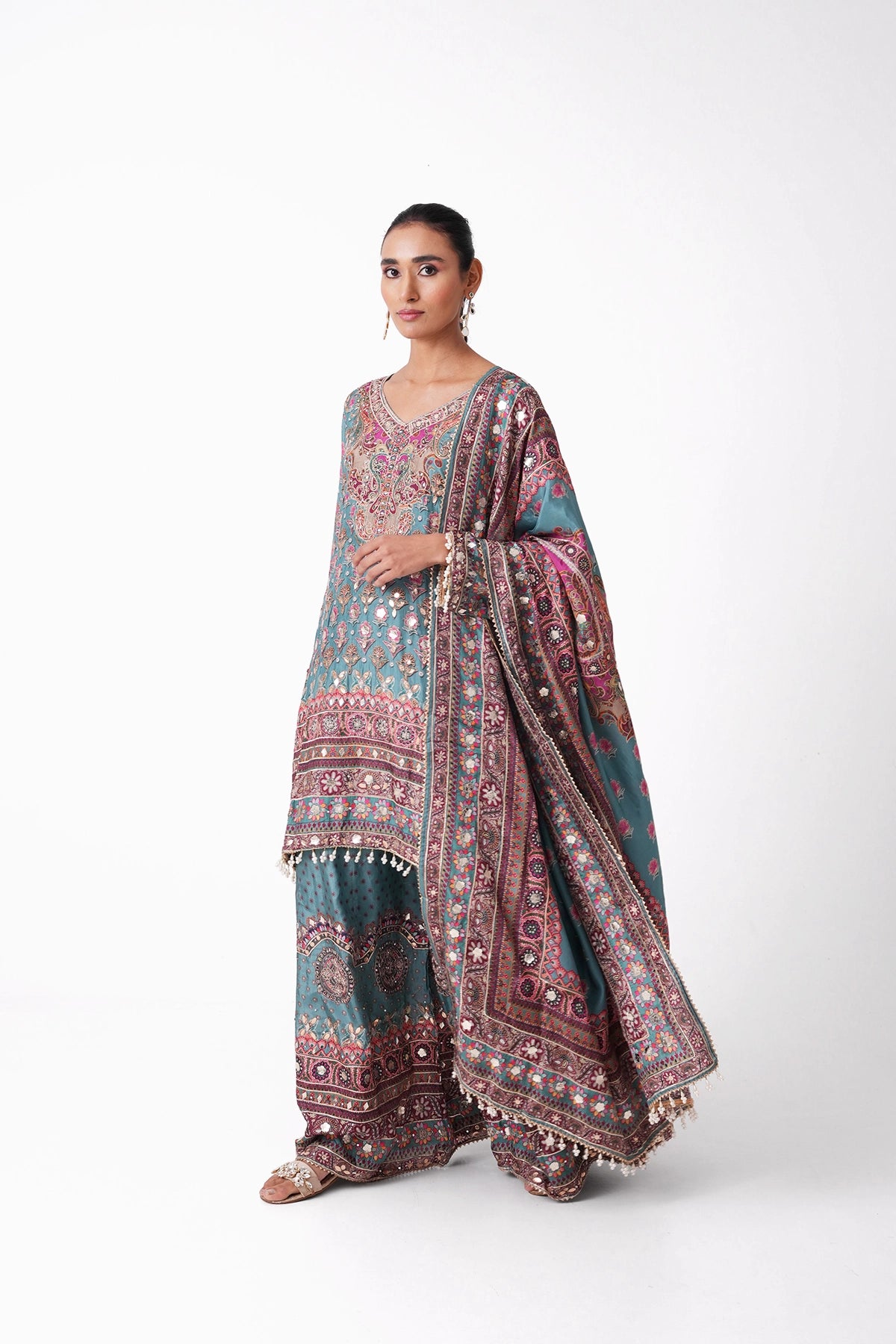 Blue Multicoloured Printed Suit Set In Opada Silk