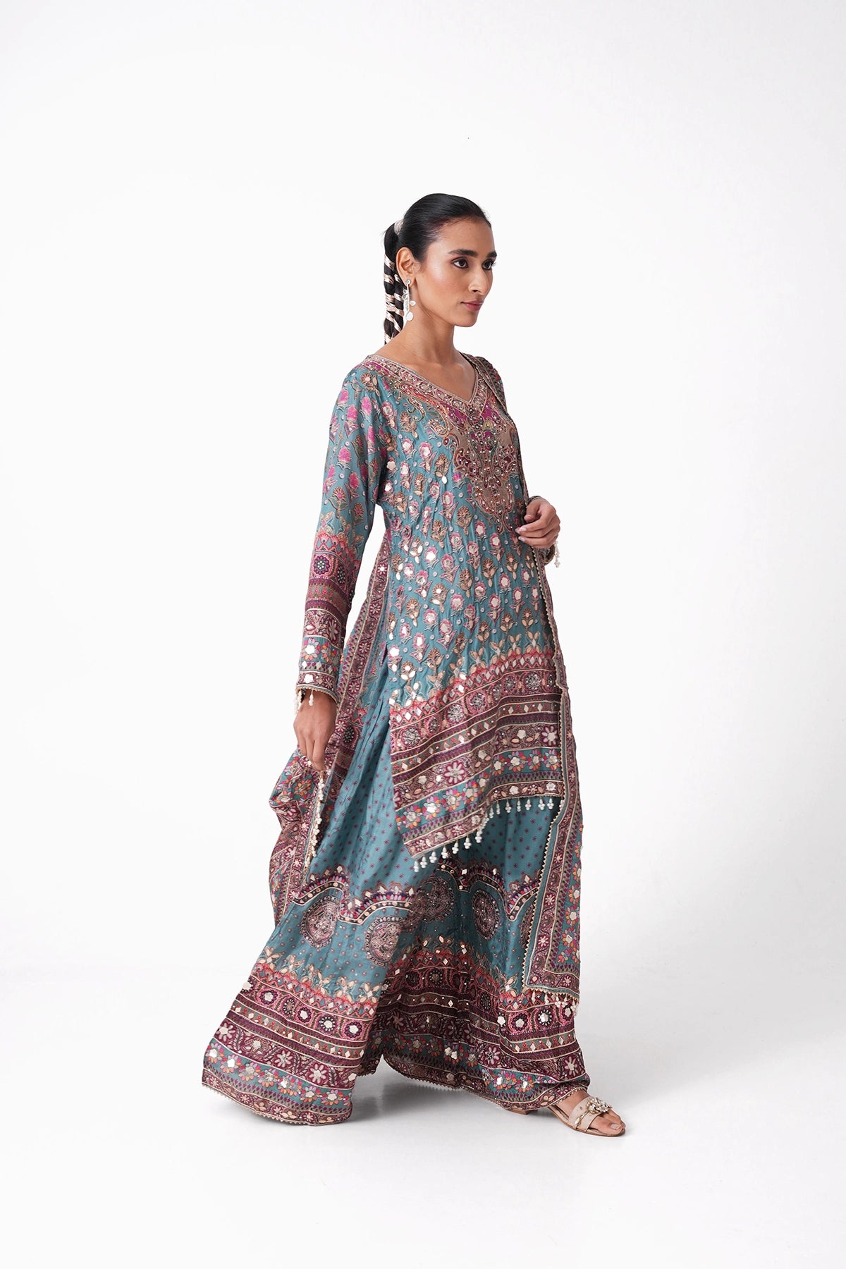 Blue Multicoloured Printed Suit Set In Opada Silk
