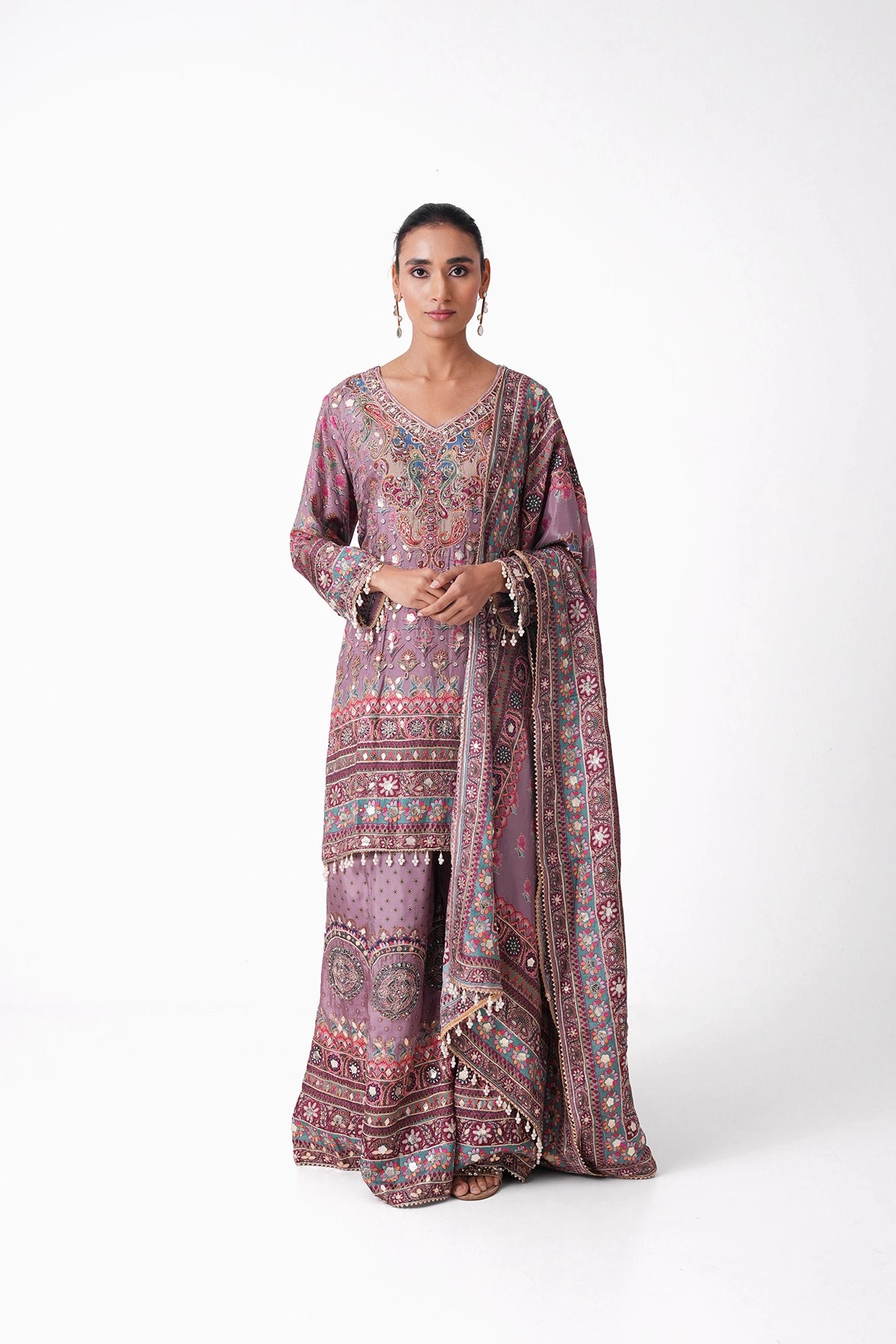 Mauve Multicoloured Printed Suit Set In Opada Silk