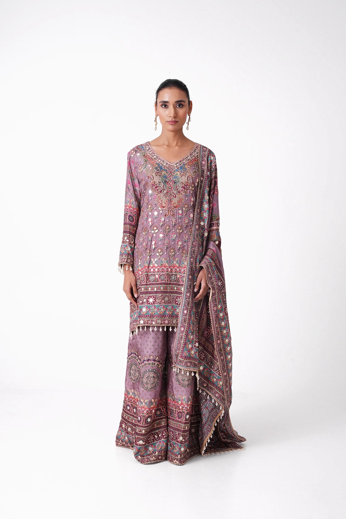 Mauve Multicoloured Printed Suit Set In Opada Silk