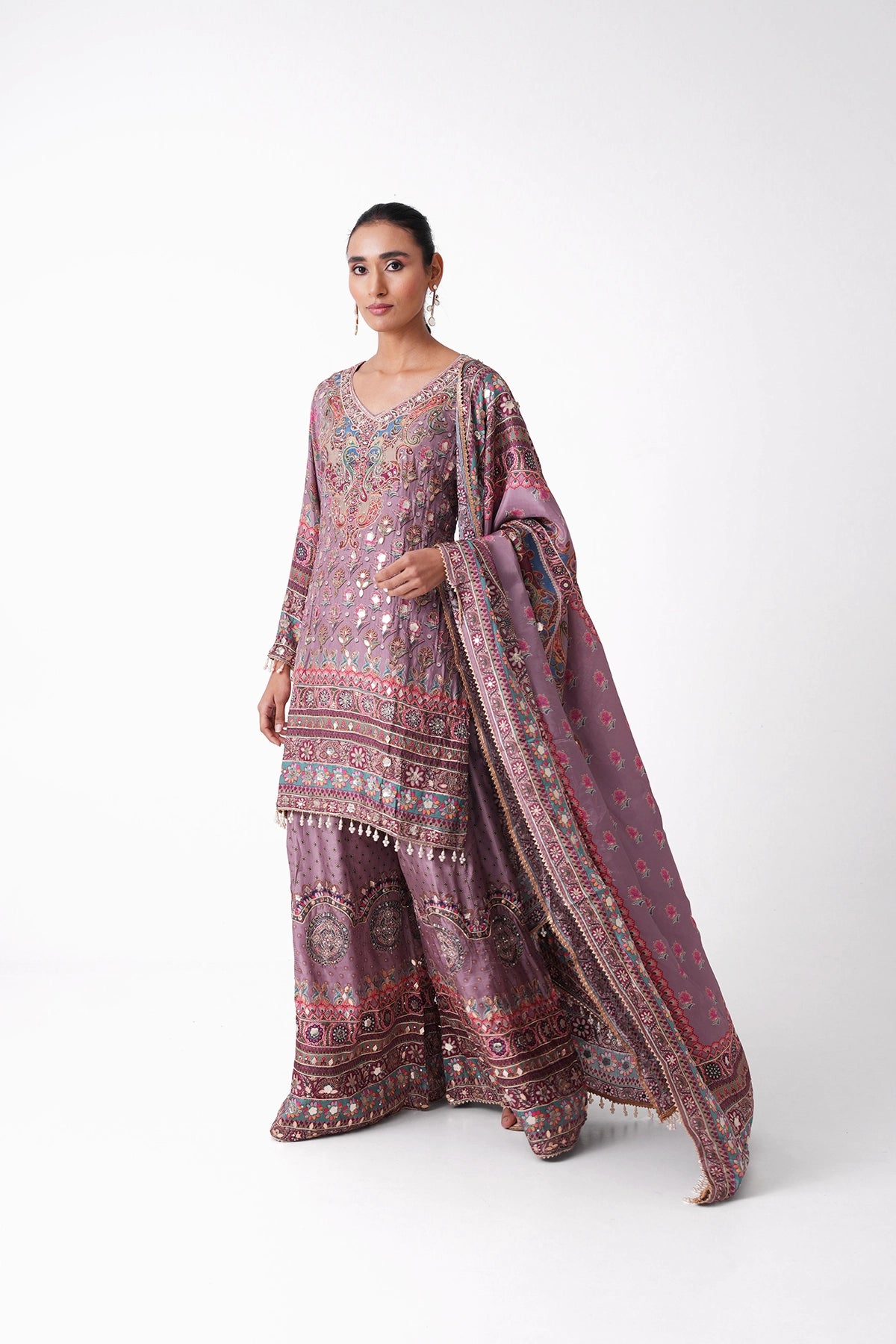 Mauve Multicoloured Printed Suit Set In Opada Silk