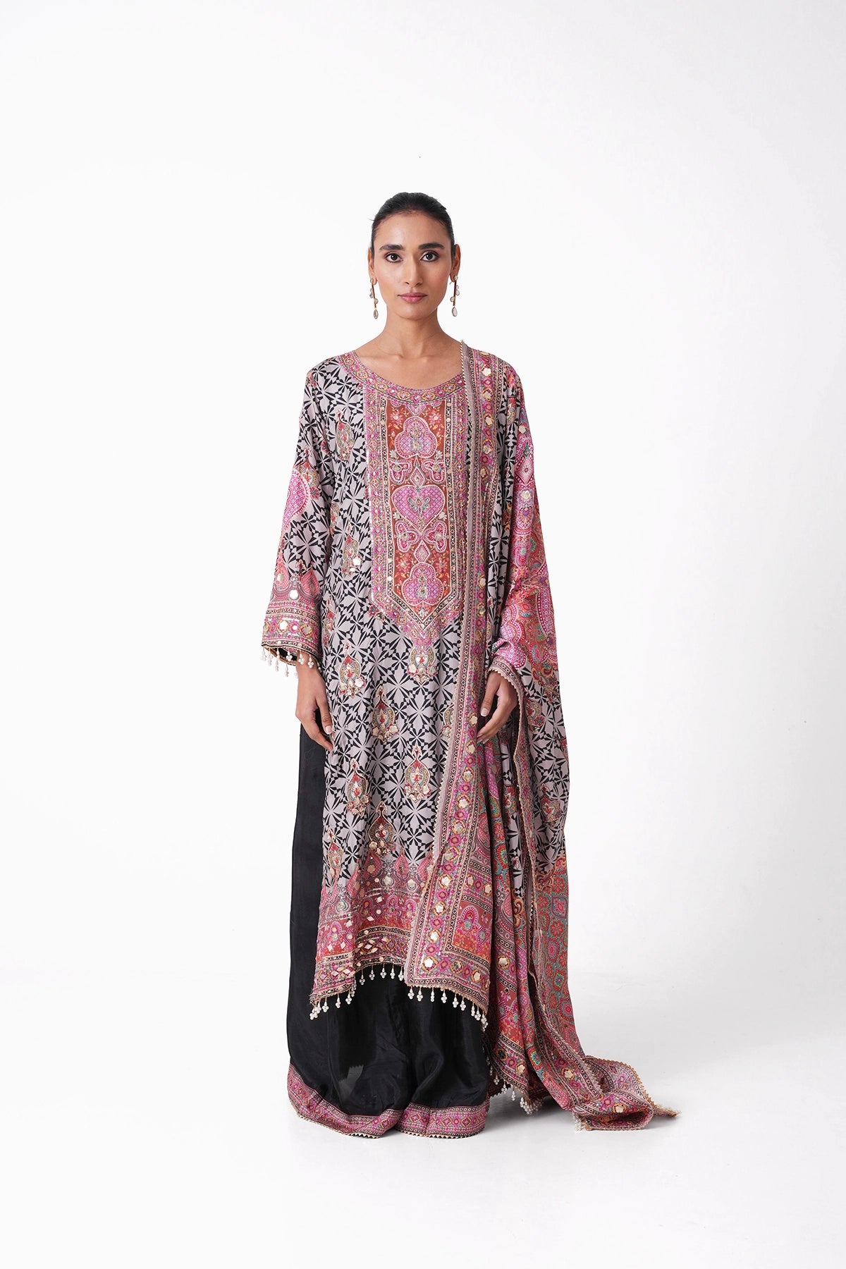 Grey And White Multicoloured Printed Suit Set In Opada Silk