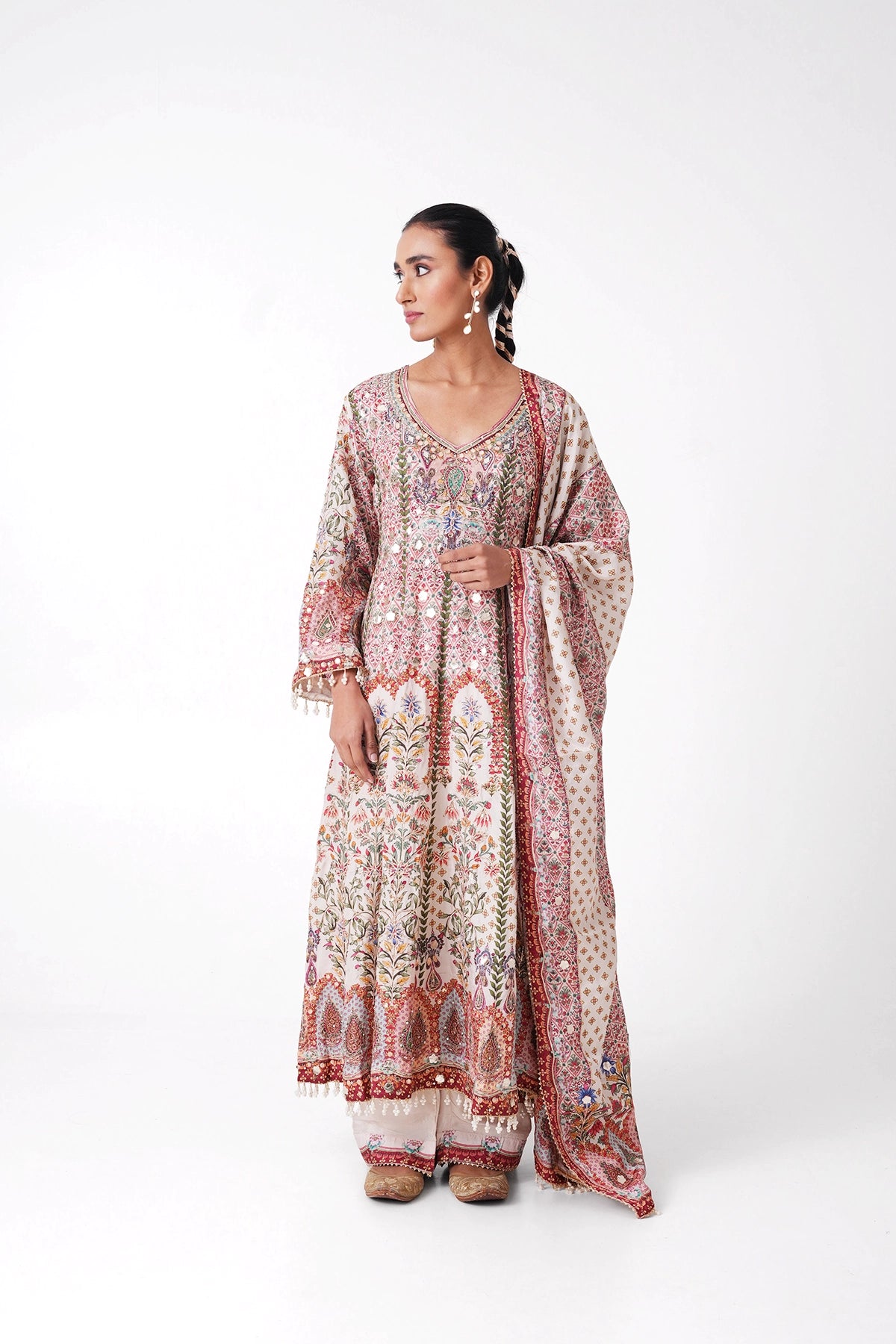 Ivory Printed Multicoloured Printed Salvar Kameez Set In Opada Silk